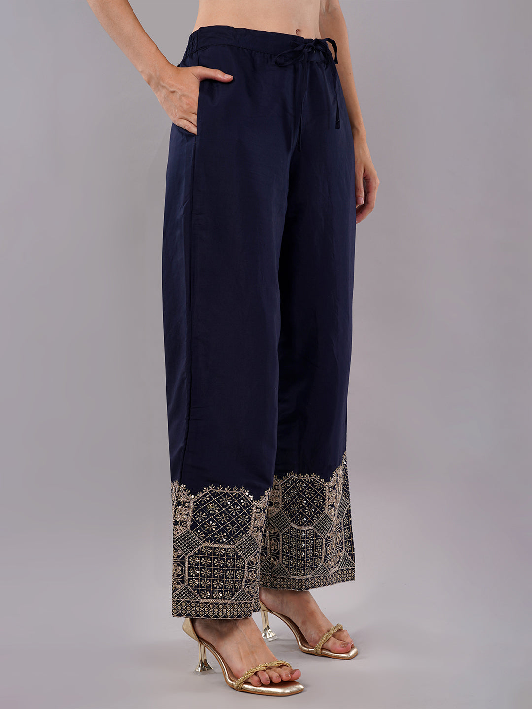 dhartii Trendy Festive Navy Blue Solid Suit Set with Embroidered Palazzo and Dupatta (3 Piece Set)