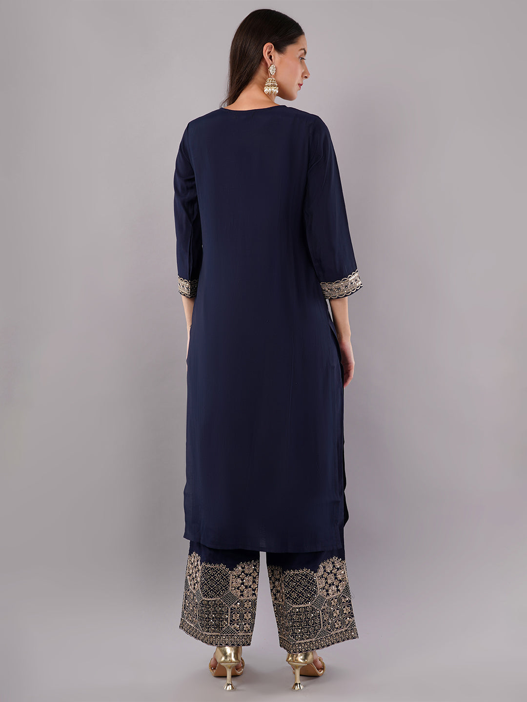 dhartii Trendy Festive Navy Blue Solid Suit Set with Embroidered Palazzo and Dupatta (3 Piece Set)