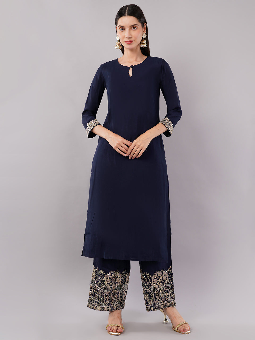 dhartii Trendy Festive Navy Blue Solid Suit Set with Embroidered Palazzo and Dupatta (3 Piece Set)