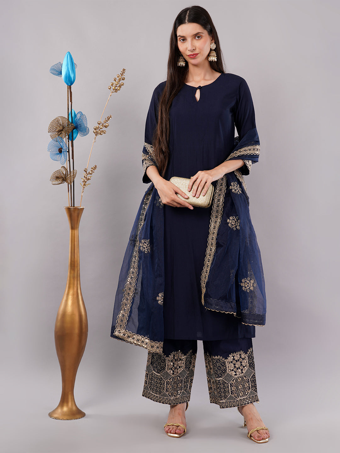 dhartii Trendy Festive Navy Blue Solid Suit Set with Embroidered Palazzo and Dupatta (3 Piece Set)