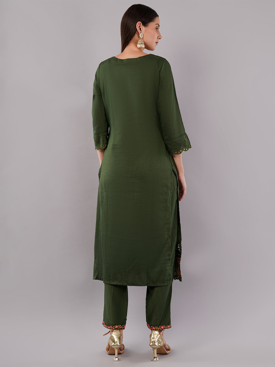 dhartii Trendy Olive Green Schiffli Embroidery Suit Set with Organza Dupatta and Pants (3 Piece Set)