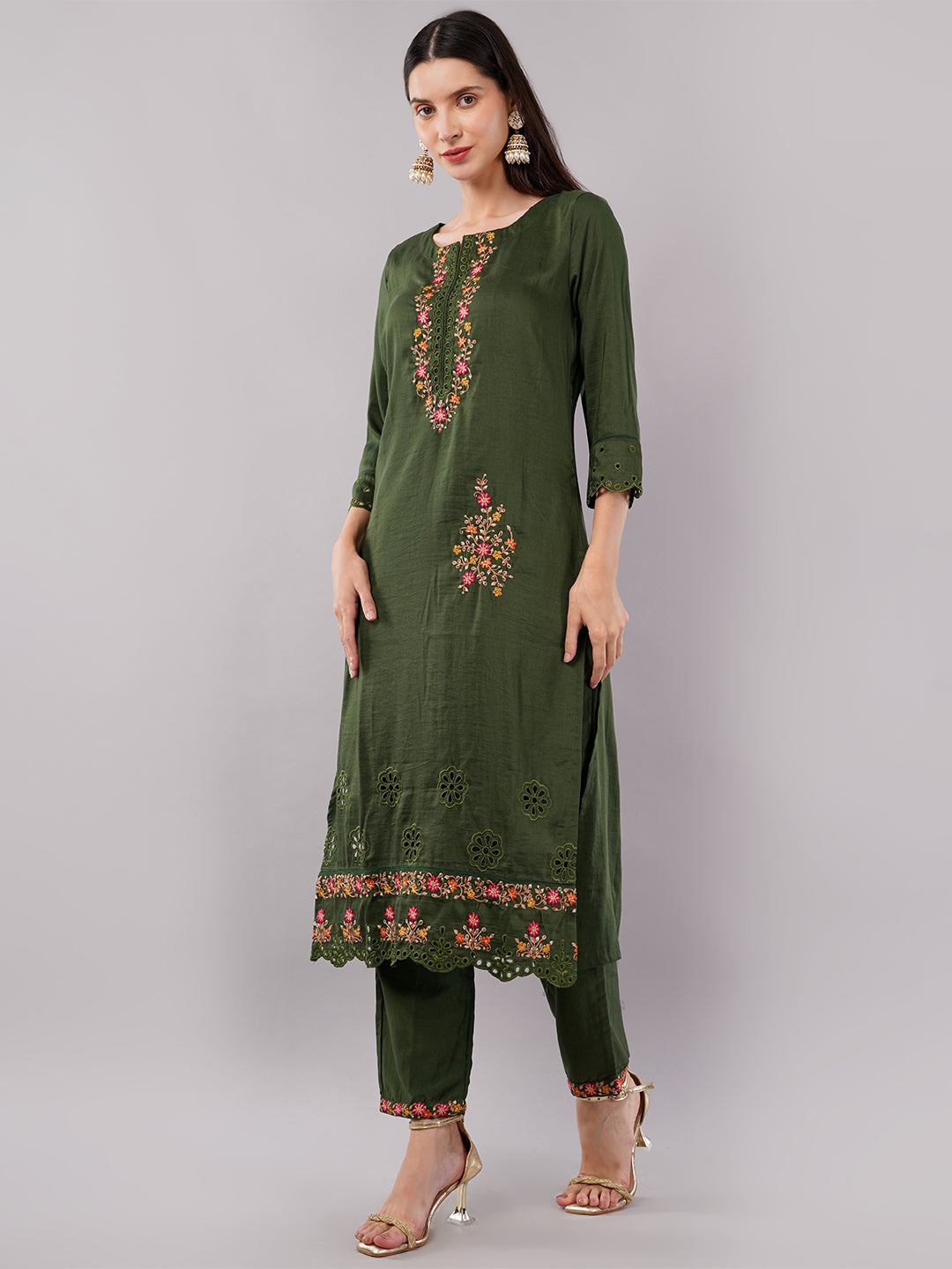 dhartii Trendy Olive Green Schiffli Embroidery Suit Set with Organza Dupatta and Pants (3 Piece Set)