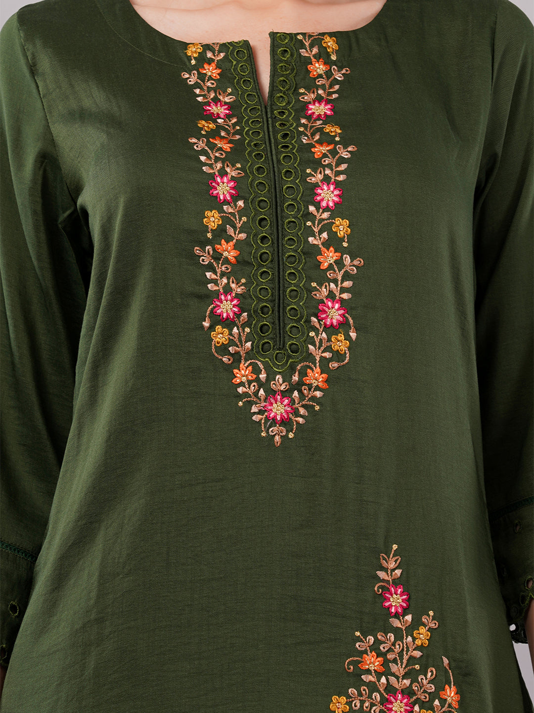 dhartii Trendy Olive Green Schiffli Embroidery Suit Set with Organza Dupatta and Pants (3 Piece Set)