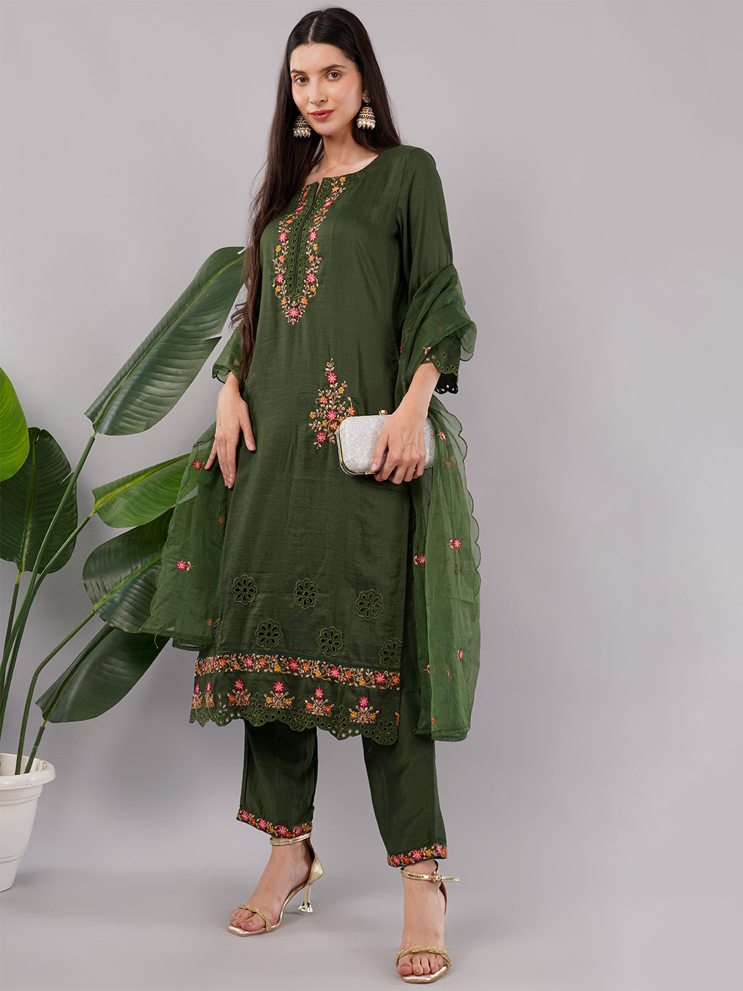 dhartii Trendy Olive Green Schiffli Embroidery Suit Set with Organza Dupatta and Pants (3 Piece Set)