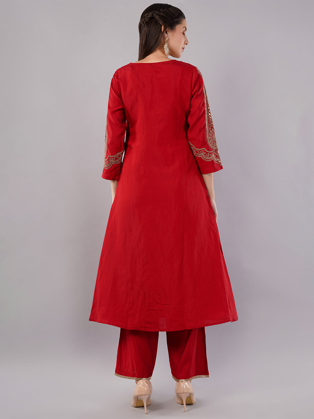 dhartii Festive Ready Modern A-Line Embroidered Sleeves Suit Set with Organza Dupatta and Palazzo (3 Piece Set)