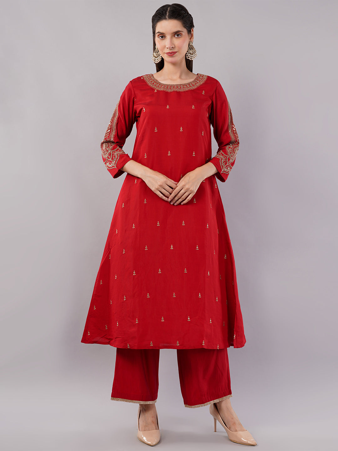 dhartii Festive Ready Modern A-Line Embroidered Sleeves Suit Set with Organza Dupatta and Palazzo (3 Piece Set)