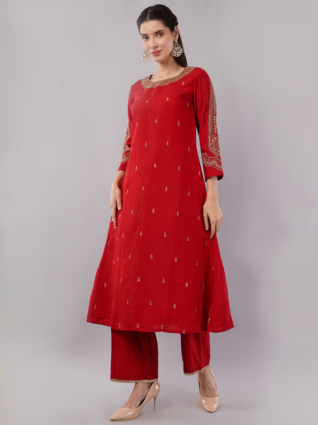 dhartii Festive Ready Modern A-Line Embroidered Sleeves Suit Set with Organza Dupatta and Palazzo (3 Piece Set)