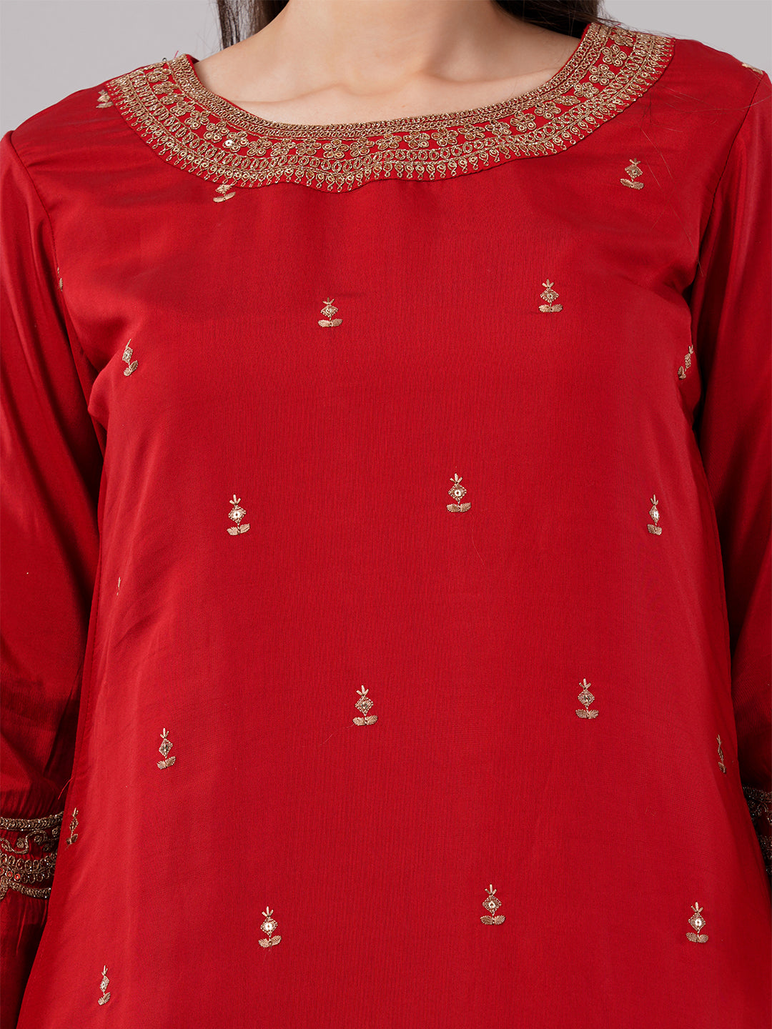 dhartii Festive Ready Modern A-Line Embroidered Sleeves Suit Set with Organza Dupatta and Palazzo (3 Piece Set)