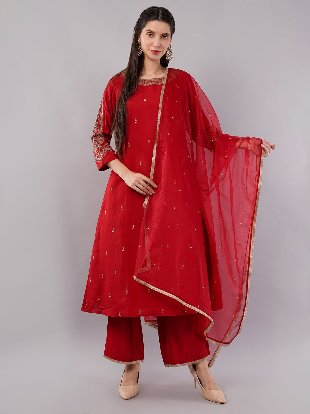 dhartii Festive Ready Modern A-Line Embroidered Sleeves Suit Set with Organza Dupatta and Palazzo (3 Piece Set)