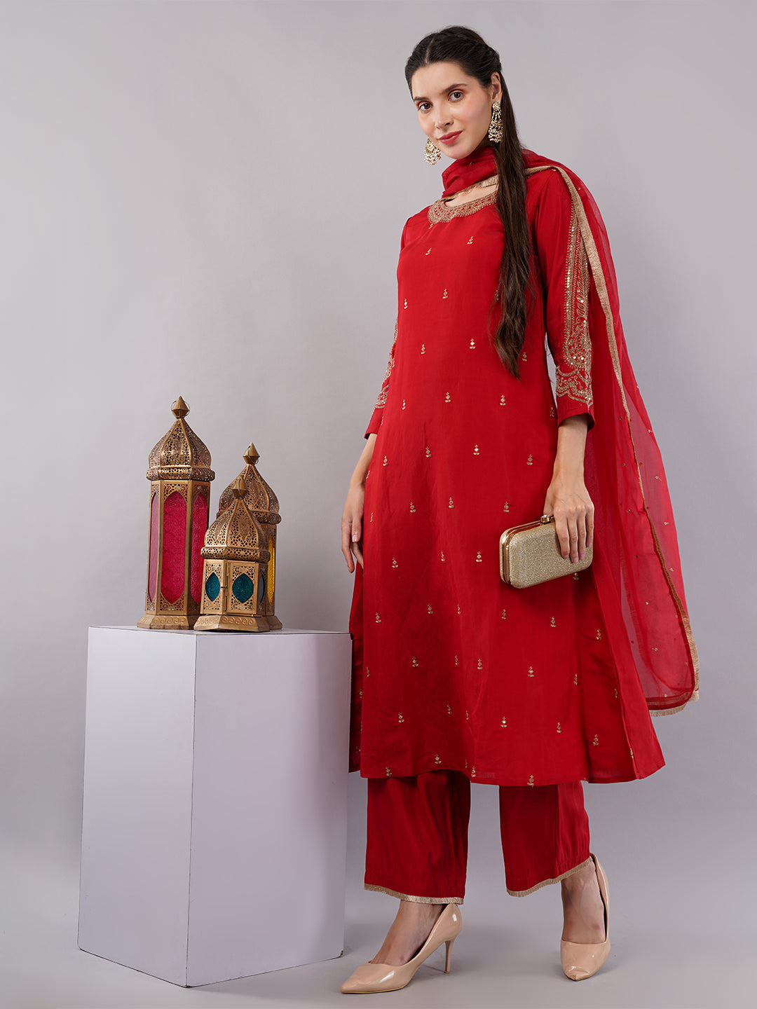 dhartii Festive Ready Modern A-Line Embroidered Sleeves Suit Set with Organza Dupatta and Palazzo (3 Piece Set)