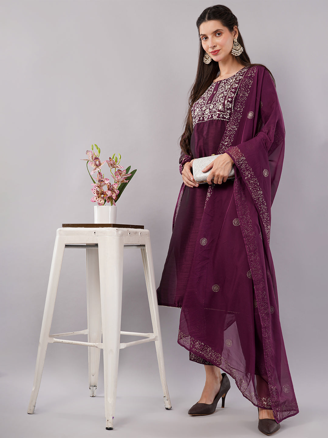 dhartii Elevated Fashionable Purple Embroidered Suit Set with Printed Oraganza Dupatta and Pants (3 Piece Set)