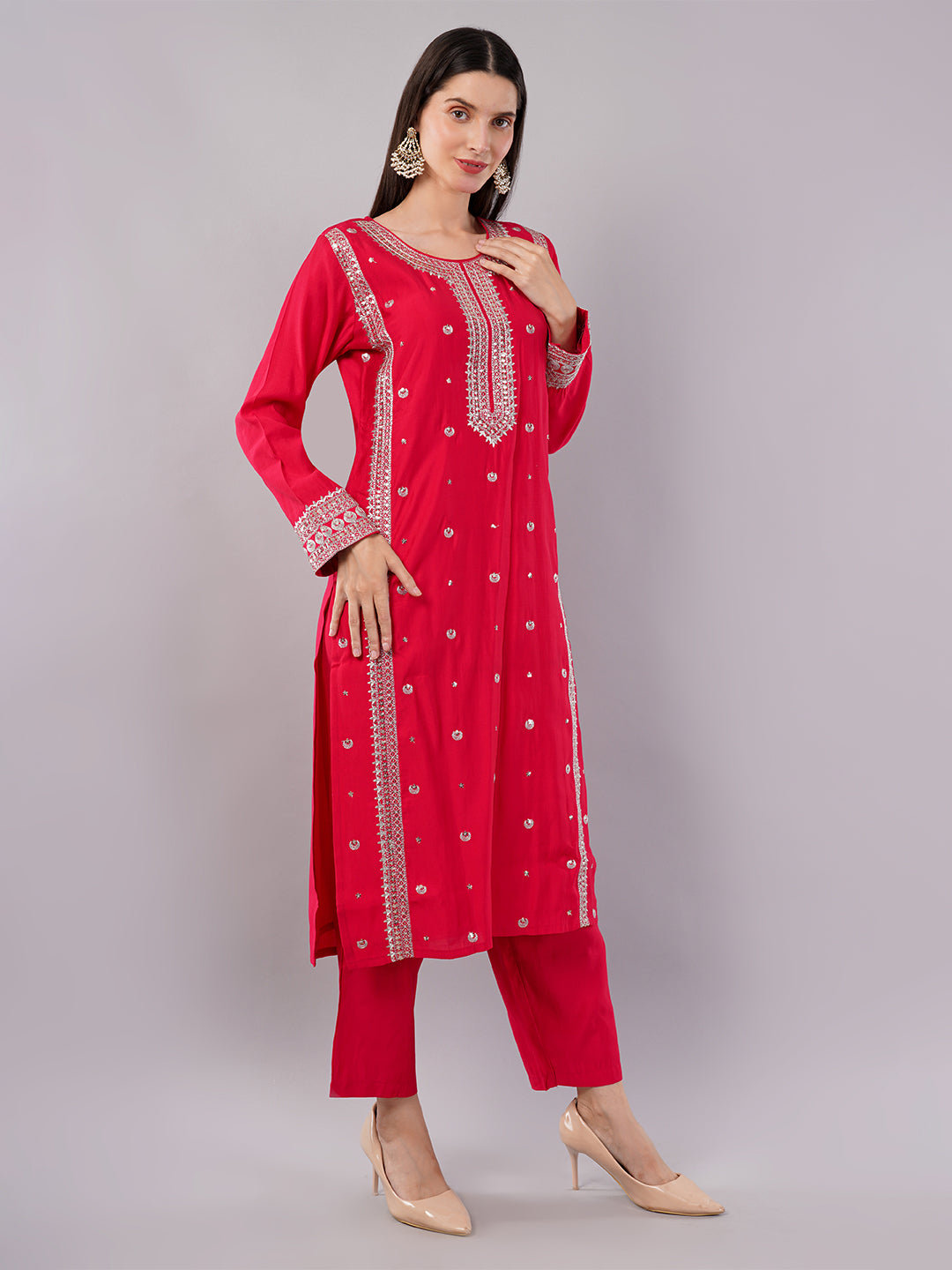 dhartii Elite Festive Red Embroidered Suit Set with Organza Dupatta and Pants (3 Piece Set)