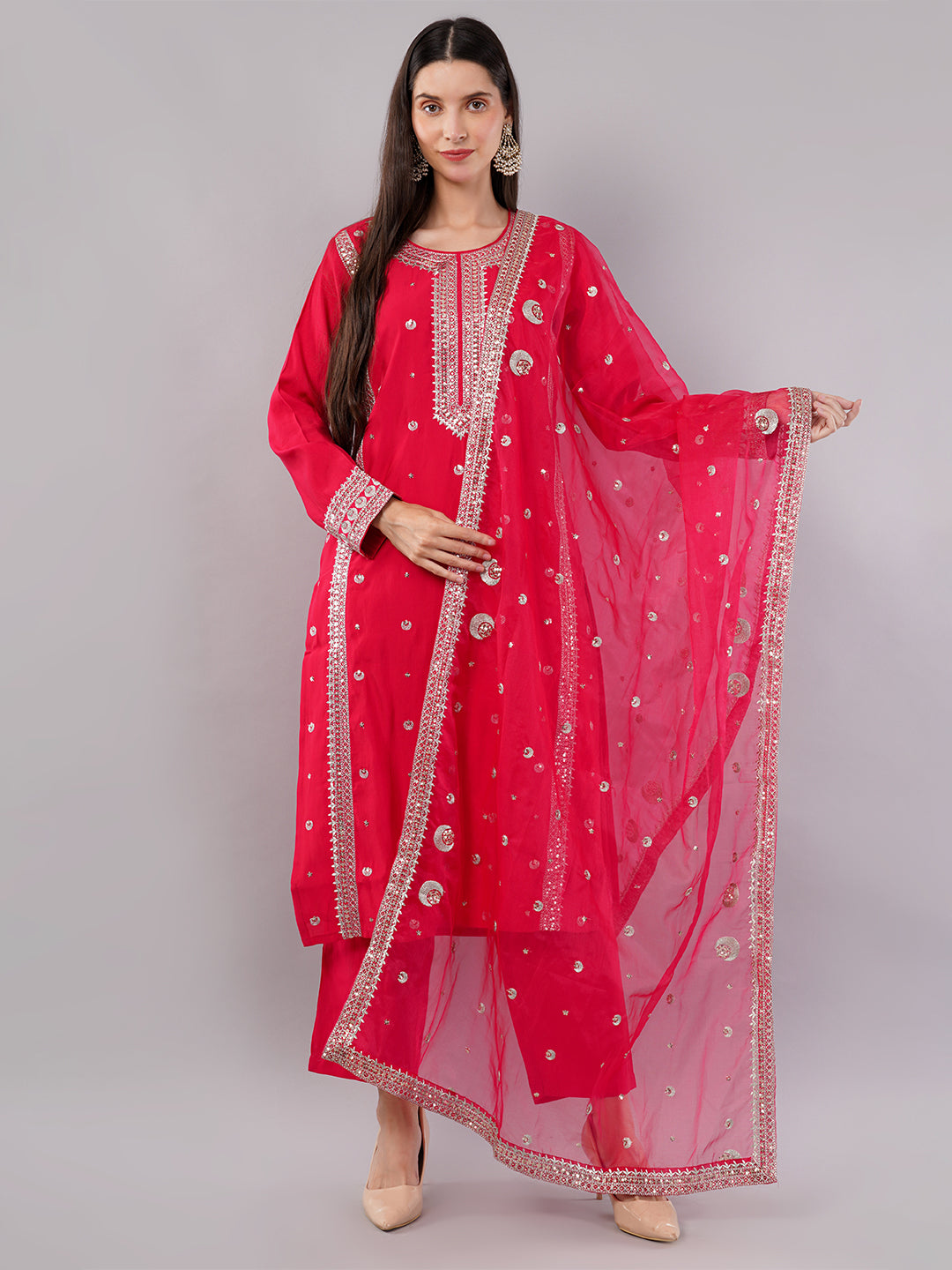 dhartii Elite Festive Red Embroidered Suit Set with Organza Dupatta and Pants (3 Piece Set)