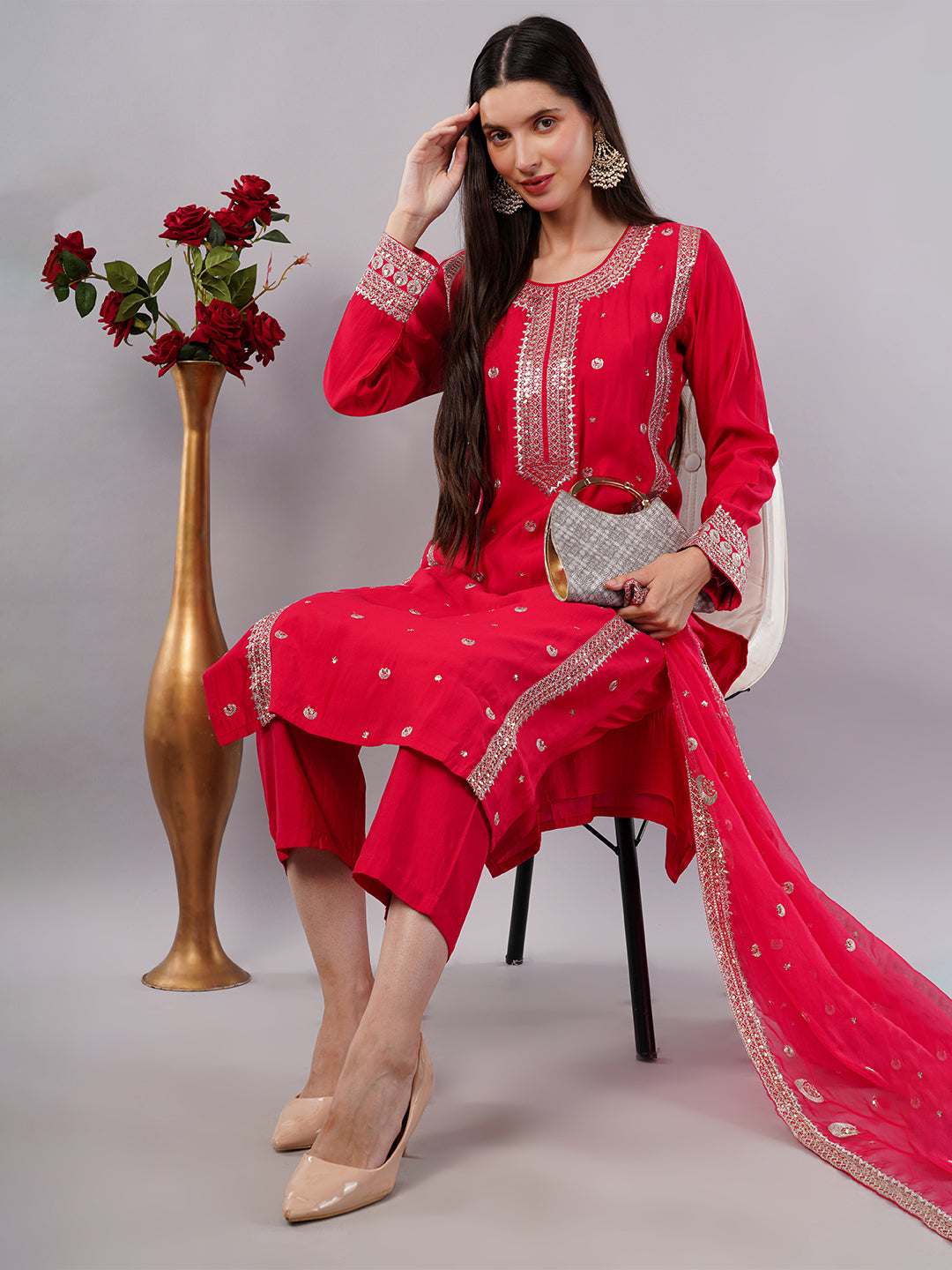 dhartii Elite Festive Red Embroidered Suit Set with Organza Dupatta and Pants (3 Piece Set)