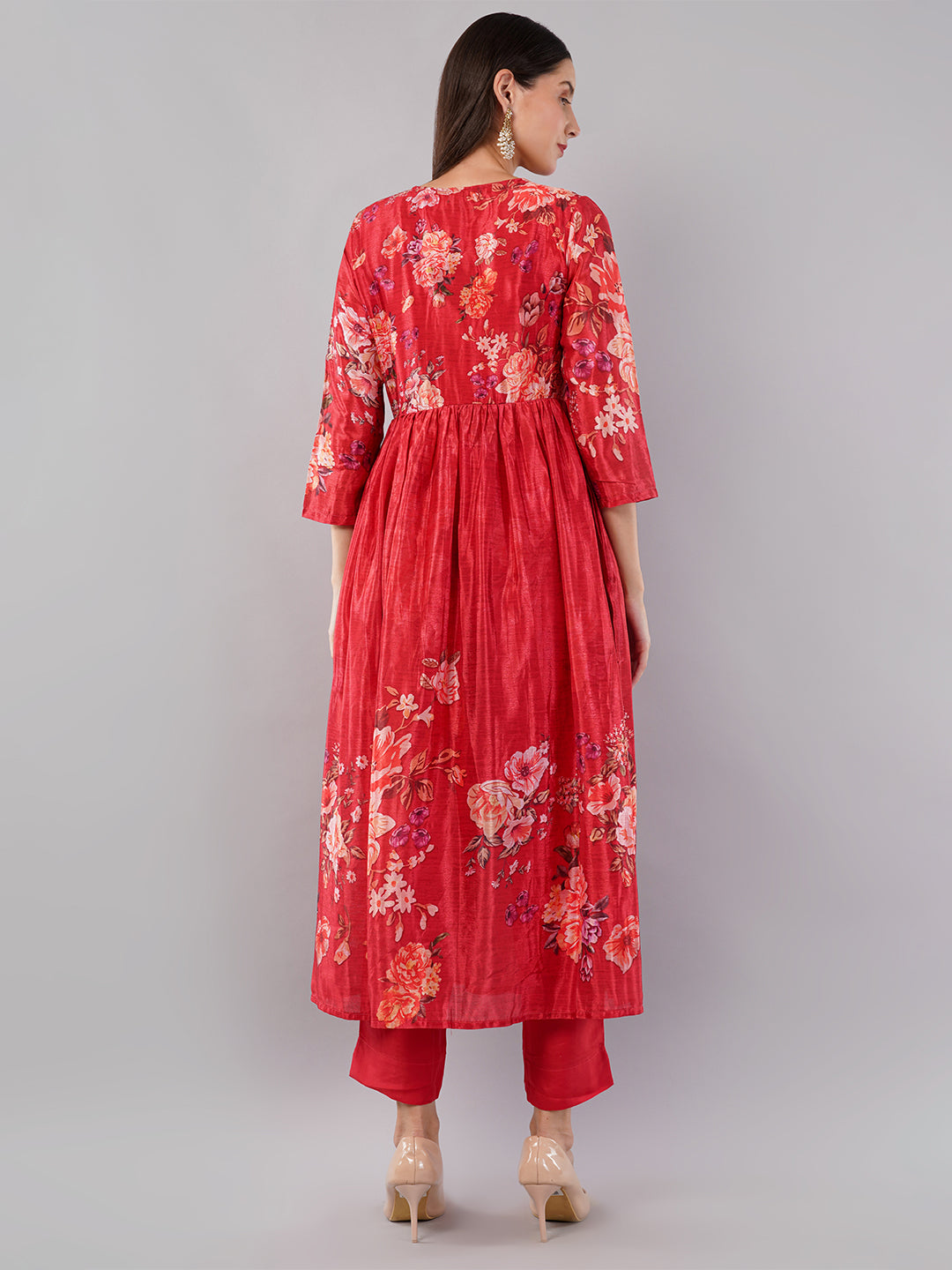 dhartii Fashionable High Low Hem Floral Printed Suit Set with Chiffon Dupatta and Pants (3 Piece Set)