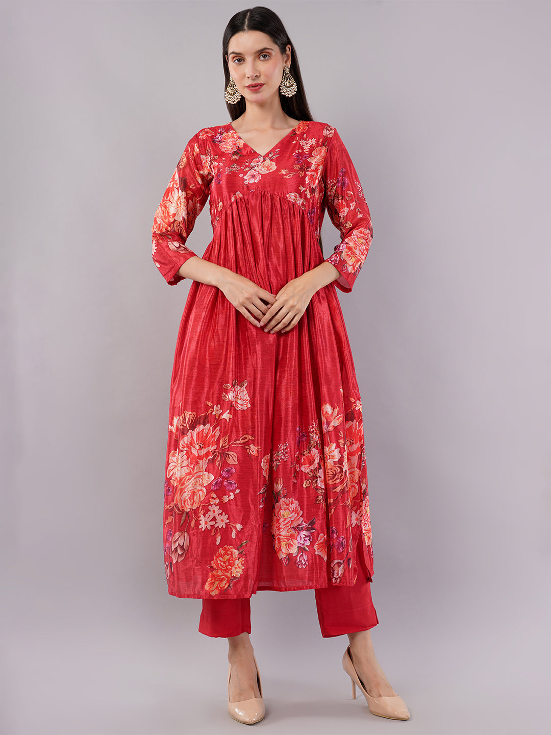 dhartii Fashionable High Low Hem Floral Printed Suit Set with Chiffon Dupatta and Pants (3 Piece Set)