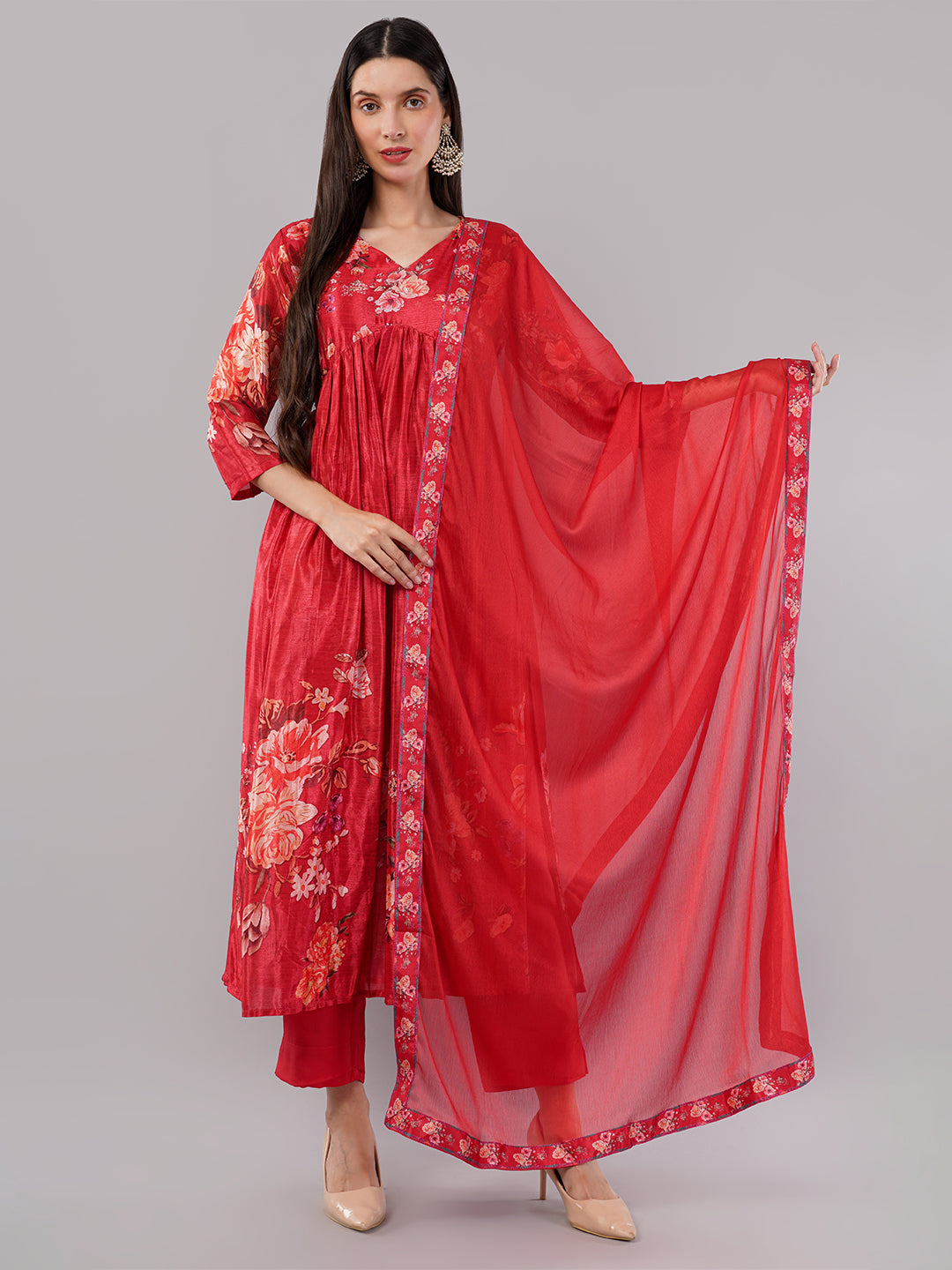 dhartii Fashionable High Low Hem Floral Printed Suit Set with Chiffon Dupatta and Pants (3 Piece Set)