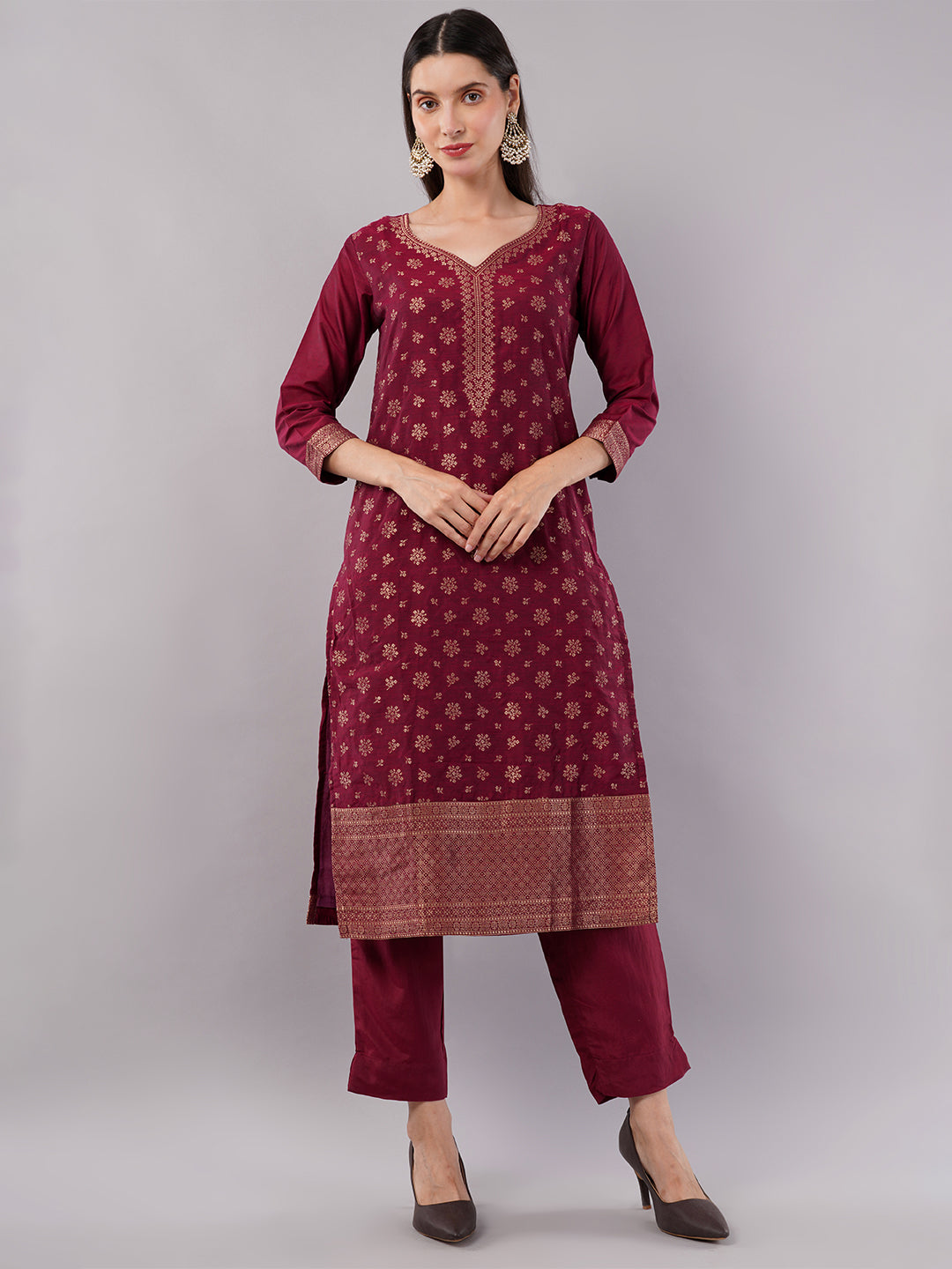 dhartii New Age Lavish Maroon Royal Brocade Suit Set with Dupatta and Pants (3 Piece Set)