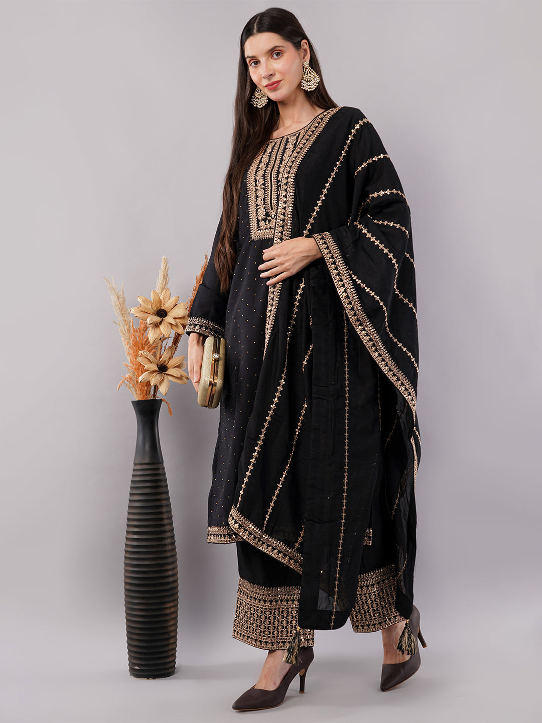 dhartii Festive Stunning Black Embroidered Suit Set with Pallazzo and Dupatta (3 Piece Set)