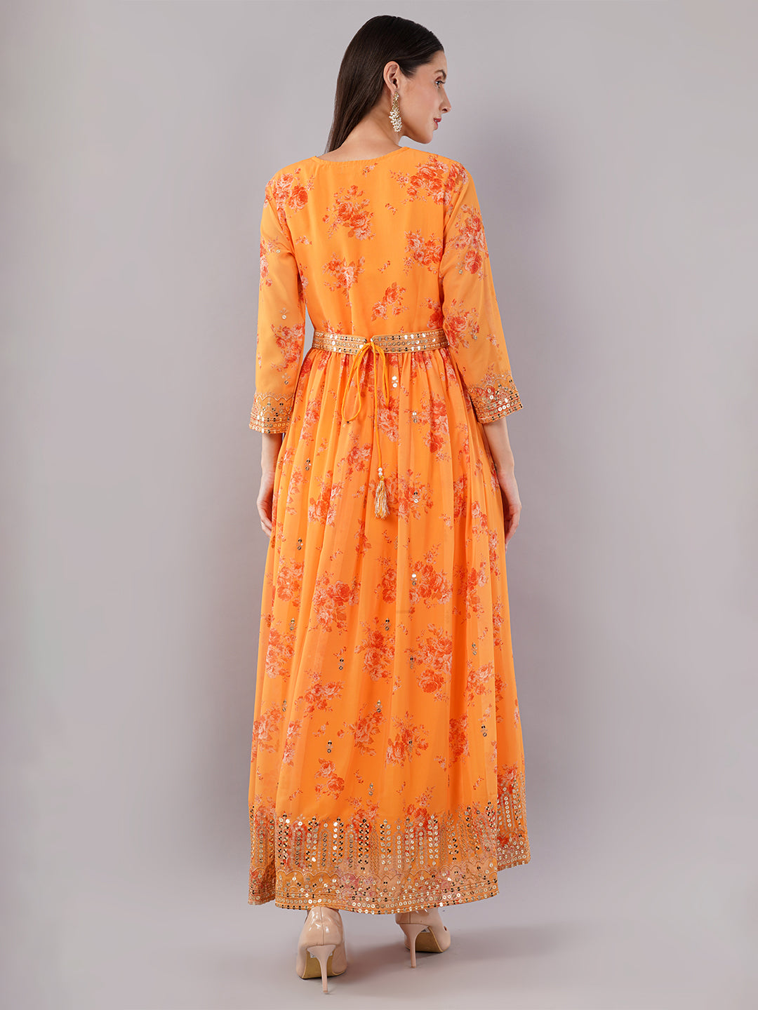 dhartii Elegant Yellow Sequin Embroidered Floral Print on Print Anarkali Set Dupatta and Embroidered Belt (4 Piece Set)