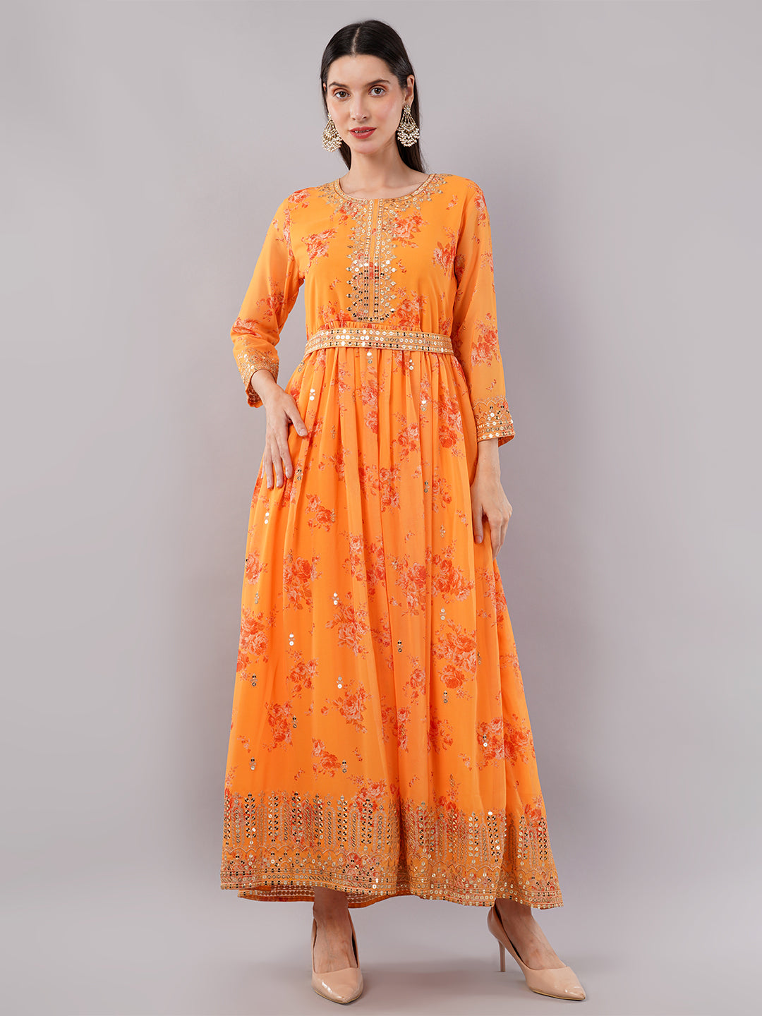 dhartii Elegant Yellow Sequin Embroidered Floral Print on Print Anarkali Set Dupatta and Embroidered Belt (4 Piece Set)
