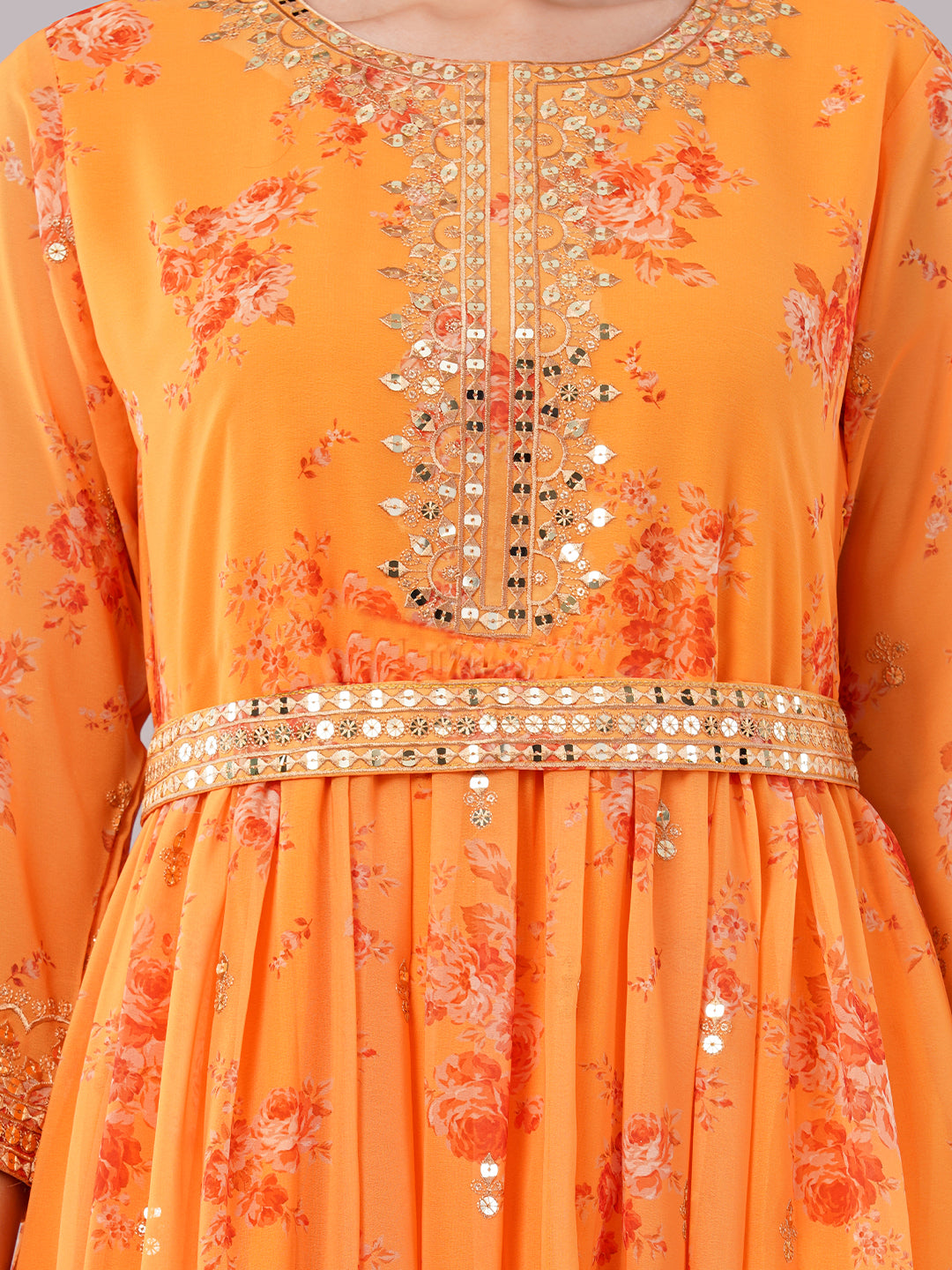 dhartii Elegant Yellow Sequin Embroidered Floral Print on Print Anarkali Set Dupatta and Embroidered Belt (4 Piece Set)
