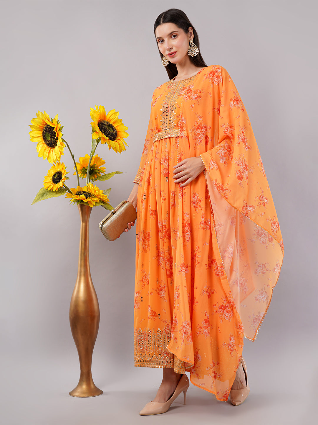 dhartii Elegant Yellow Sequin Embroidered Floral Print on Print Anarkali Set Dupatta and Embroidered Belt (4 Piece Set)