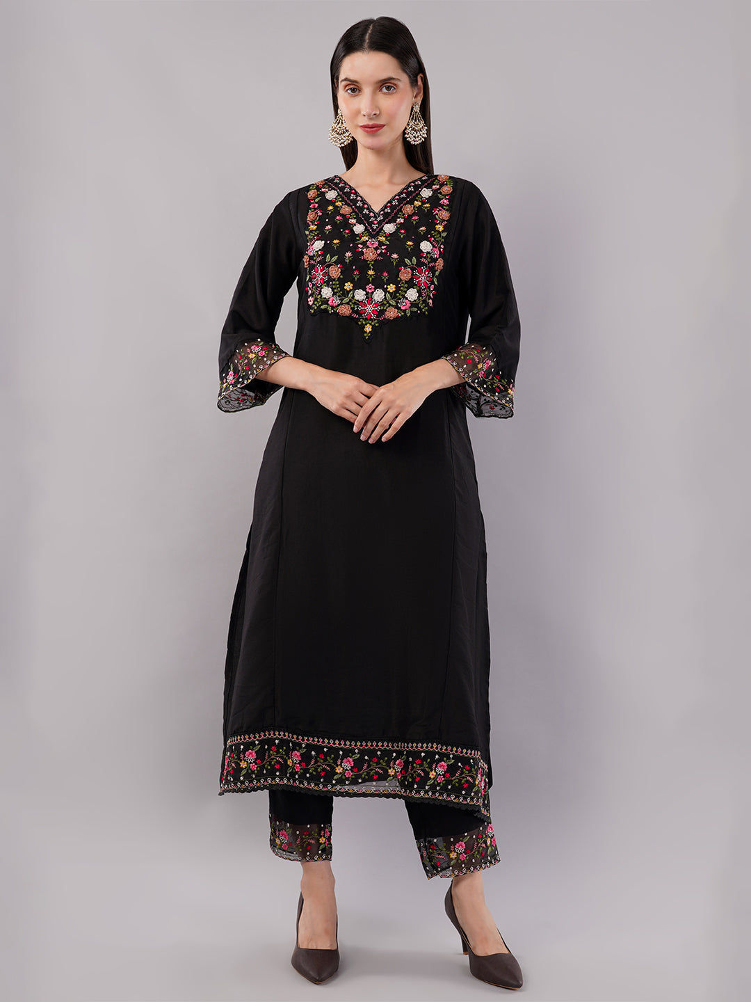 dhartii Fashionable Black Trending Thread-Embroidered Suit Set with Floral Printed Dupatta and Pants (3 Piece Set)