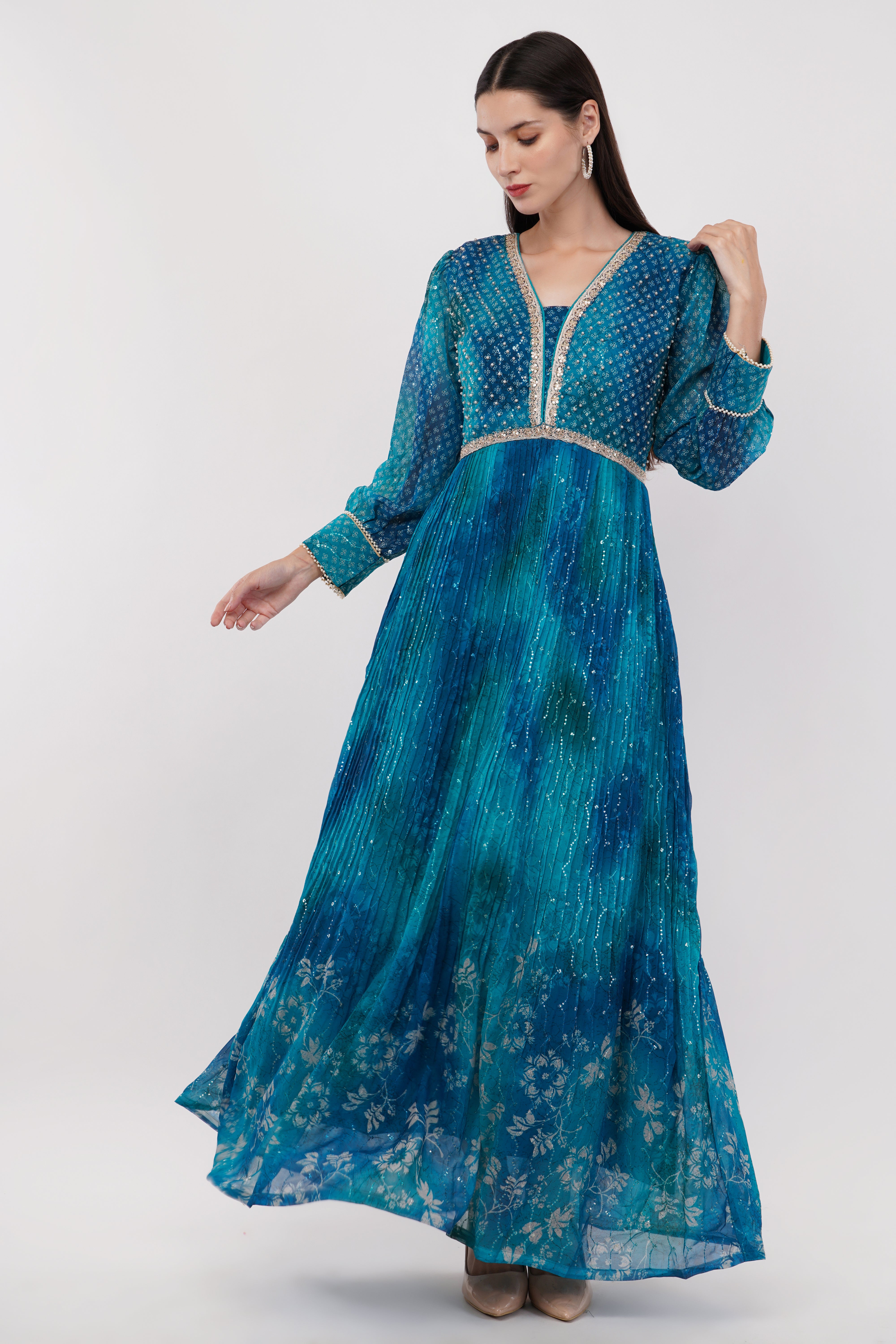 Blue-Green Printed Anarkali Gown - Set Of 3