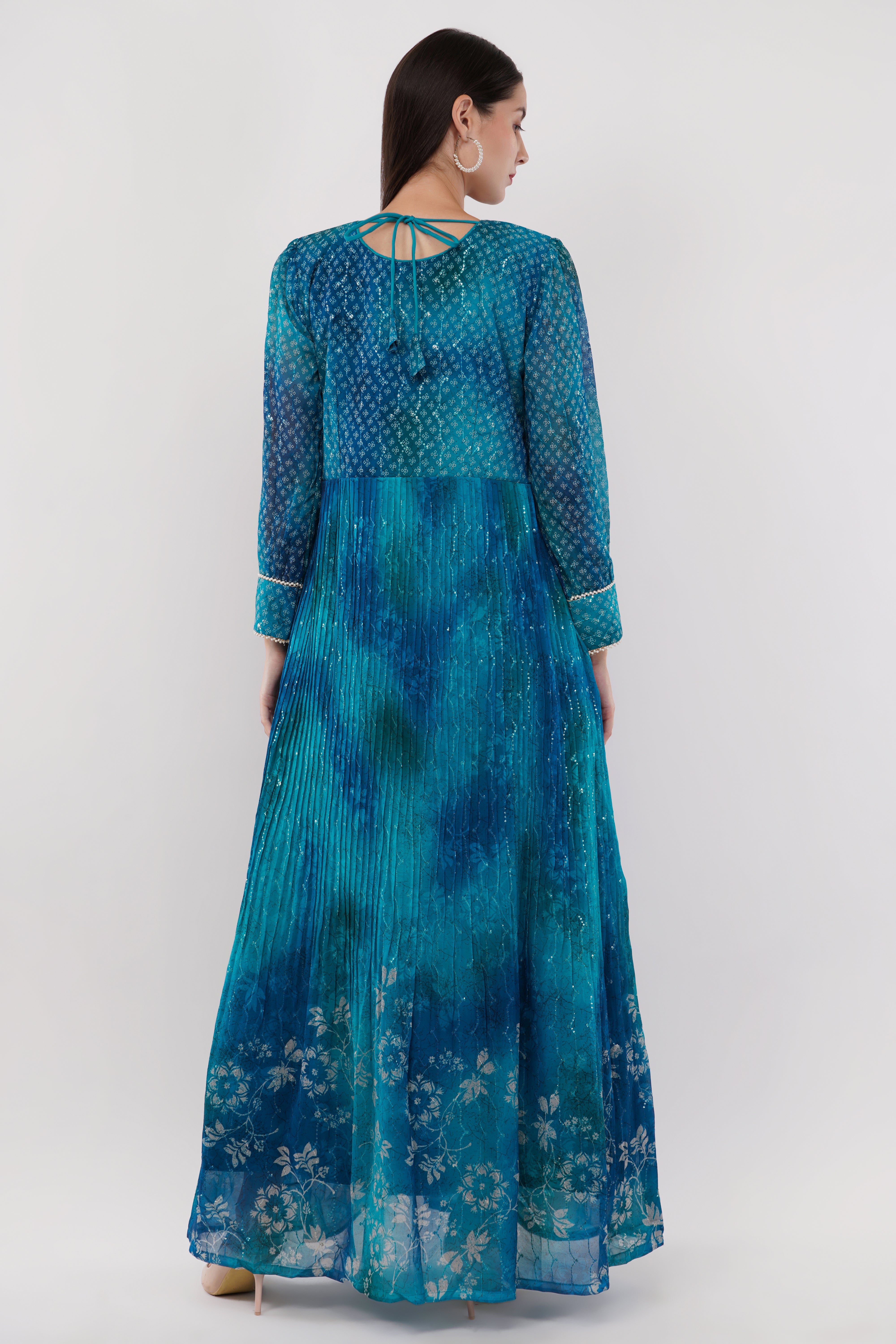 Blue-Green Printed Anarkali Gown - Set Of 3