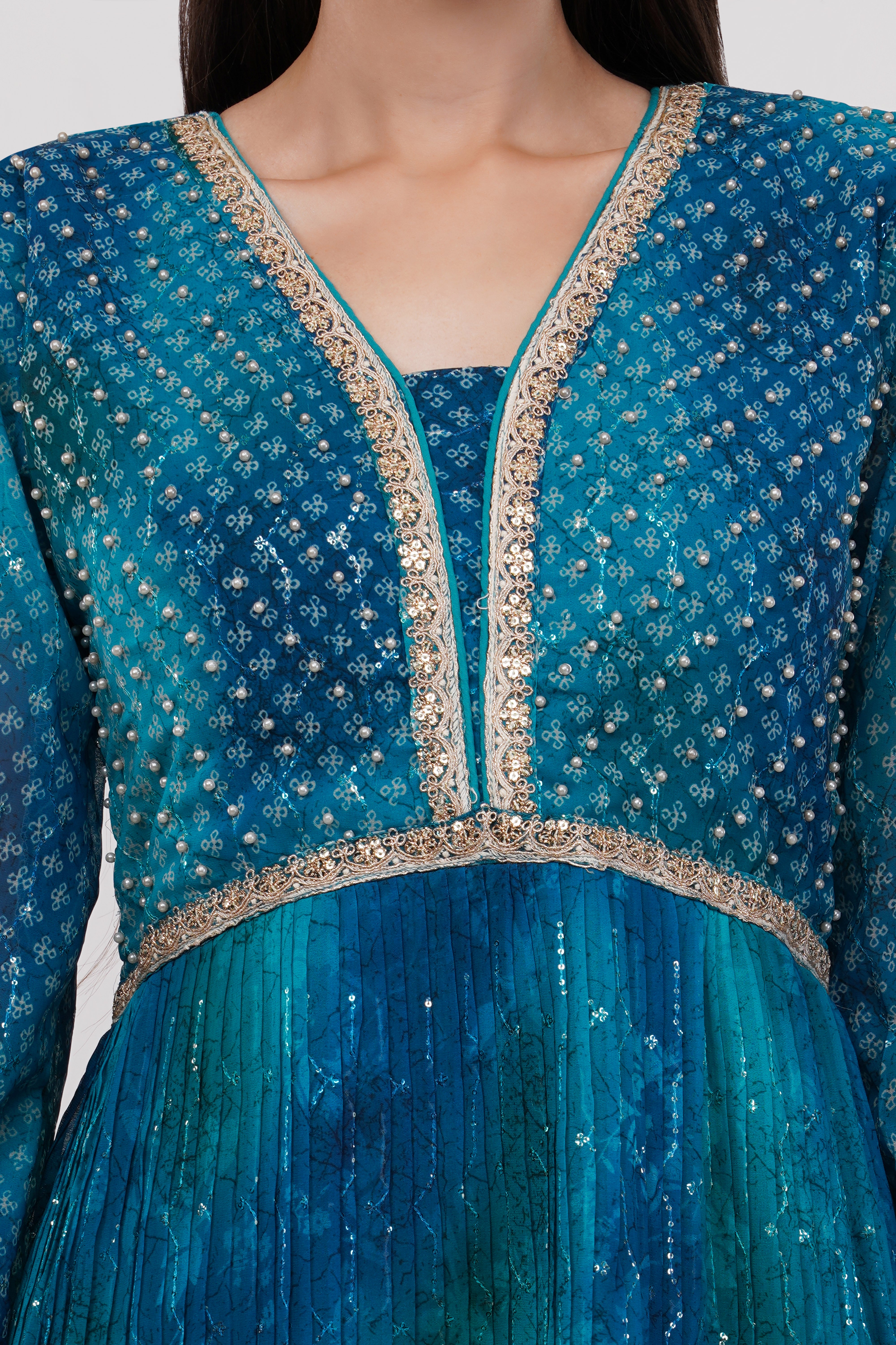 Blue-Green Printed Anarkali Gown - Set Of 3