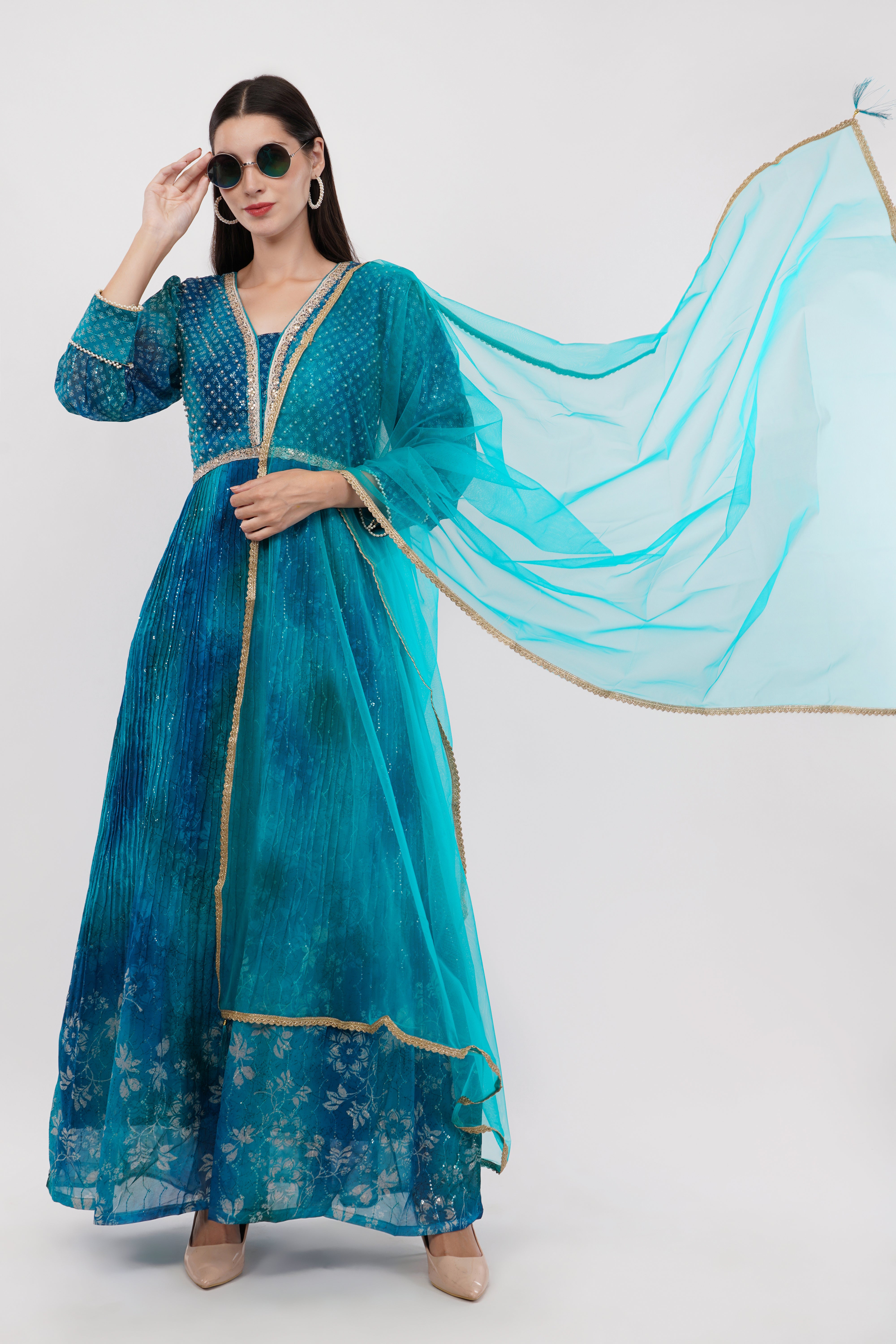 Blue-Green Printed Anarkali Gown - Set Of 3