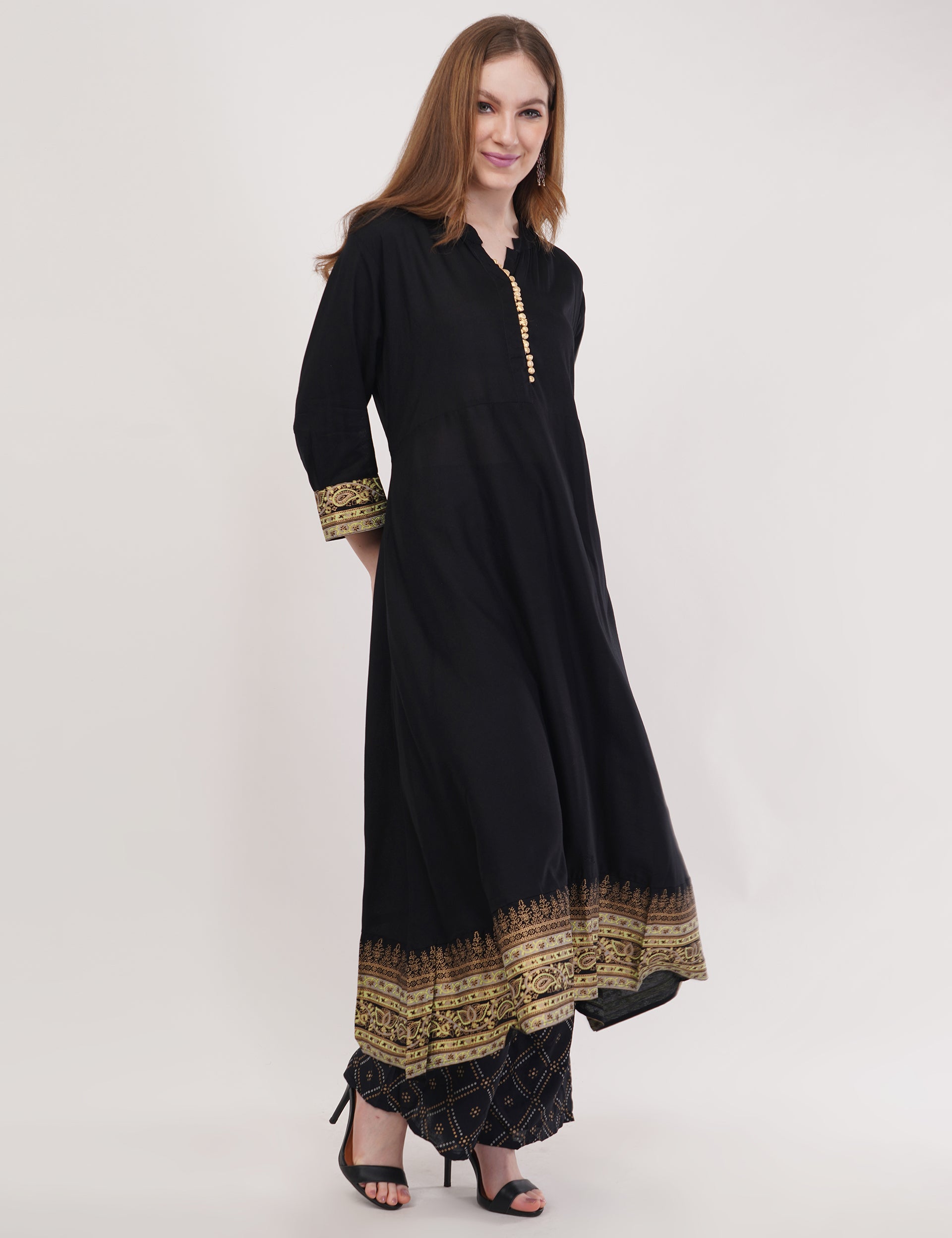 Black Anarkali Block Printed, Contrast Button Details - Set Of 3