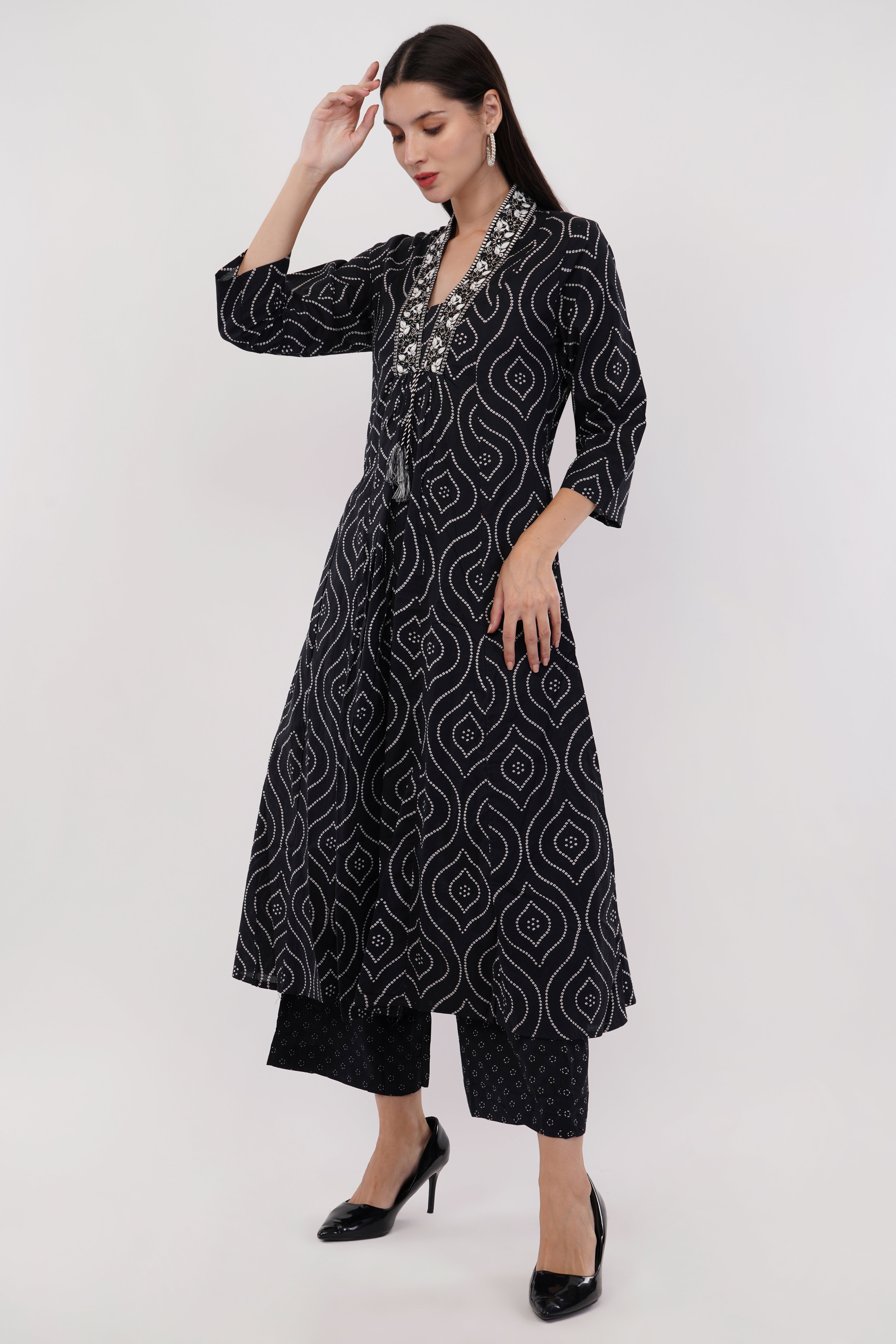 Black Pure Cotton Printed Cotton Anarkali Set - Set Of 3