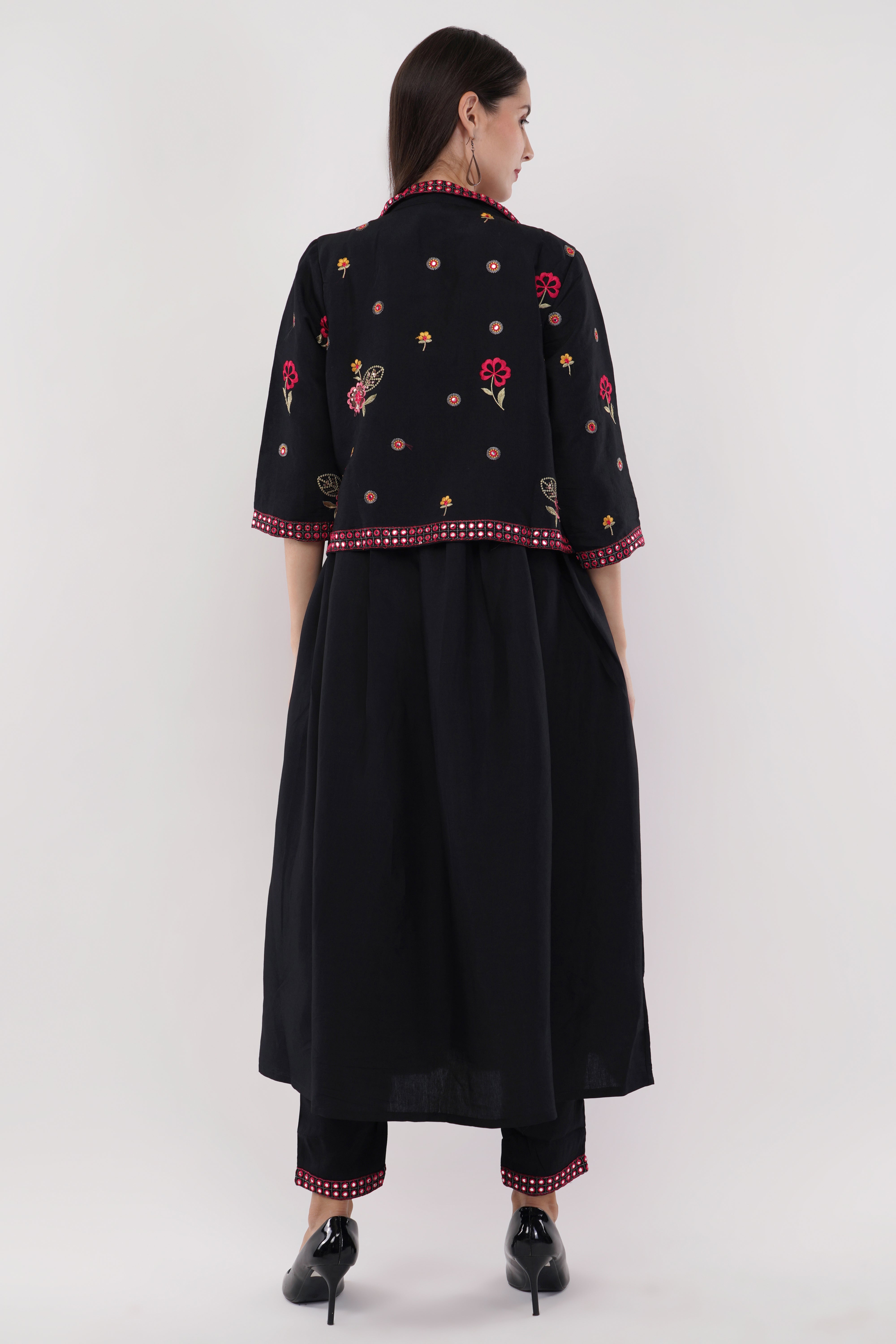 Black Viscose Silk Anarkali Set With Jacket - Set Of 3