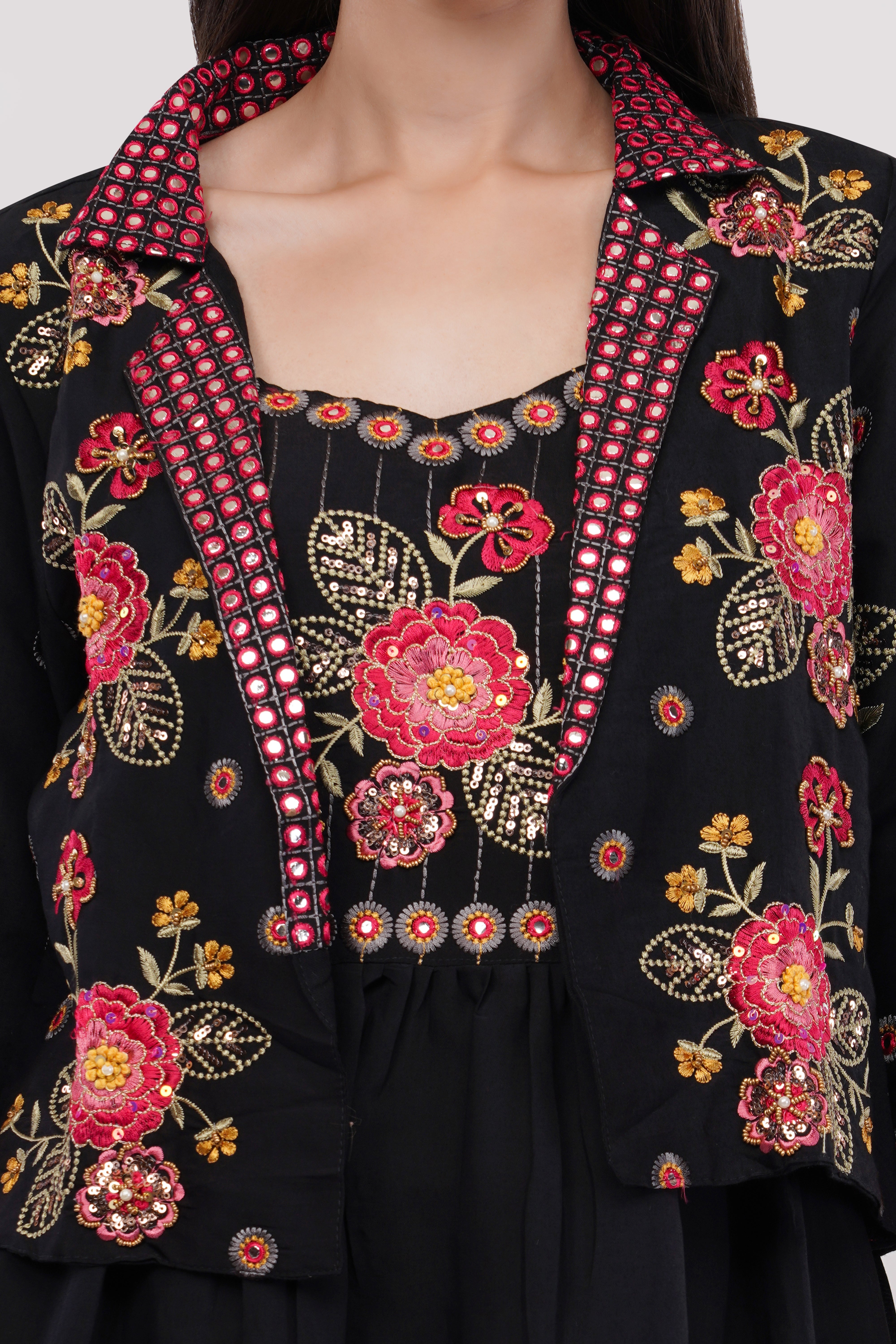 Black Viscose Silk Anarkali Set With Jacket - Set Of 3