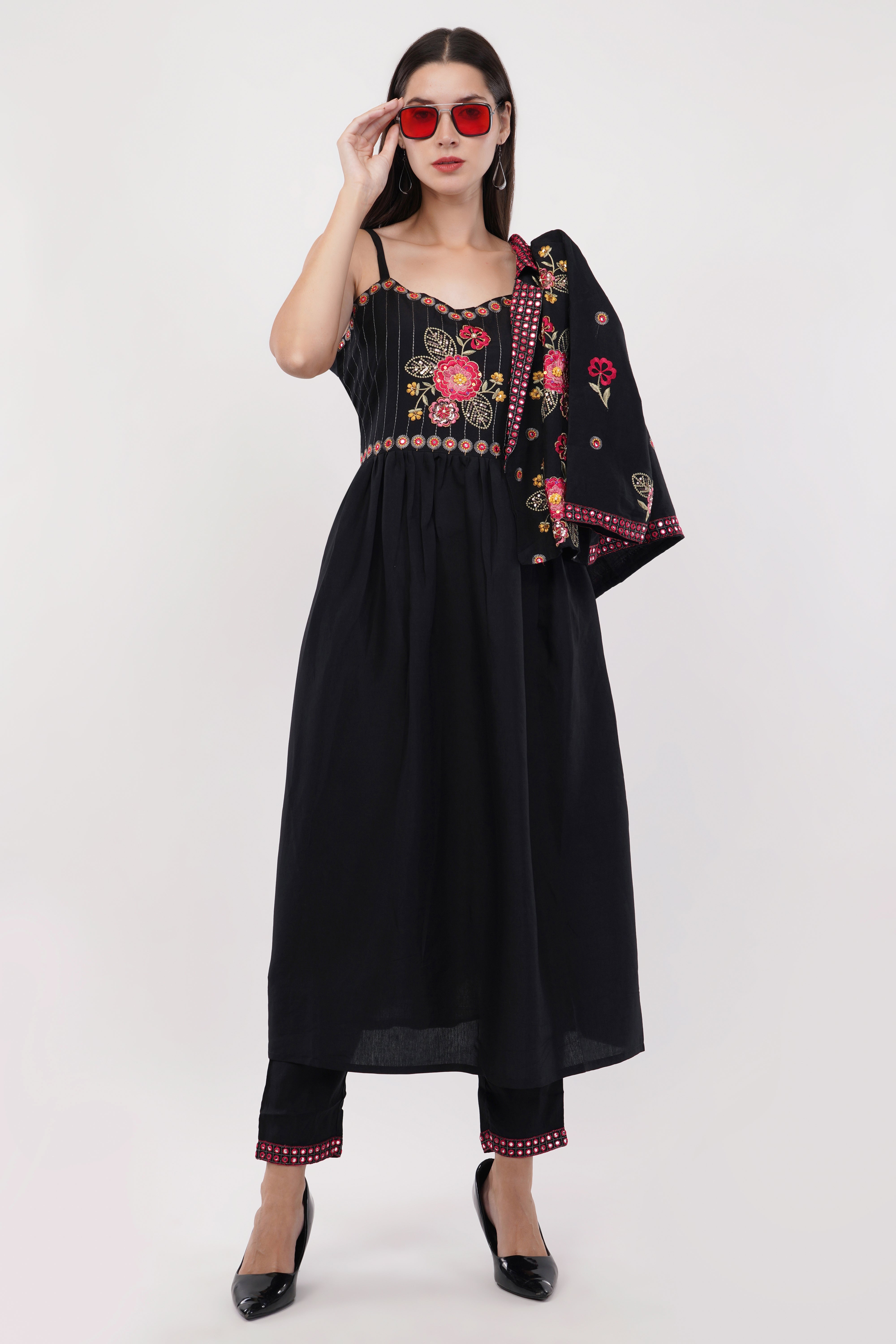 Black Viscose Silk Anarkali Set With Jacket - Set Of 3