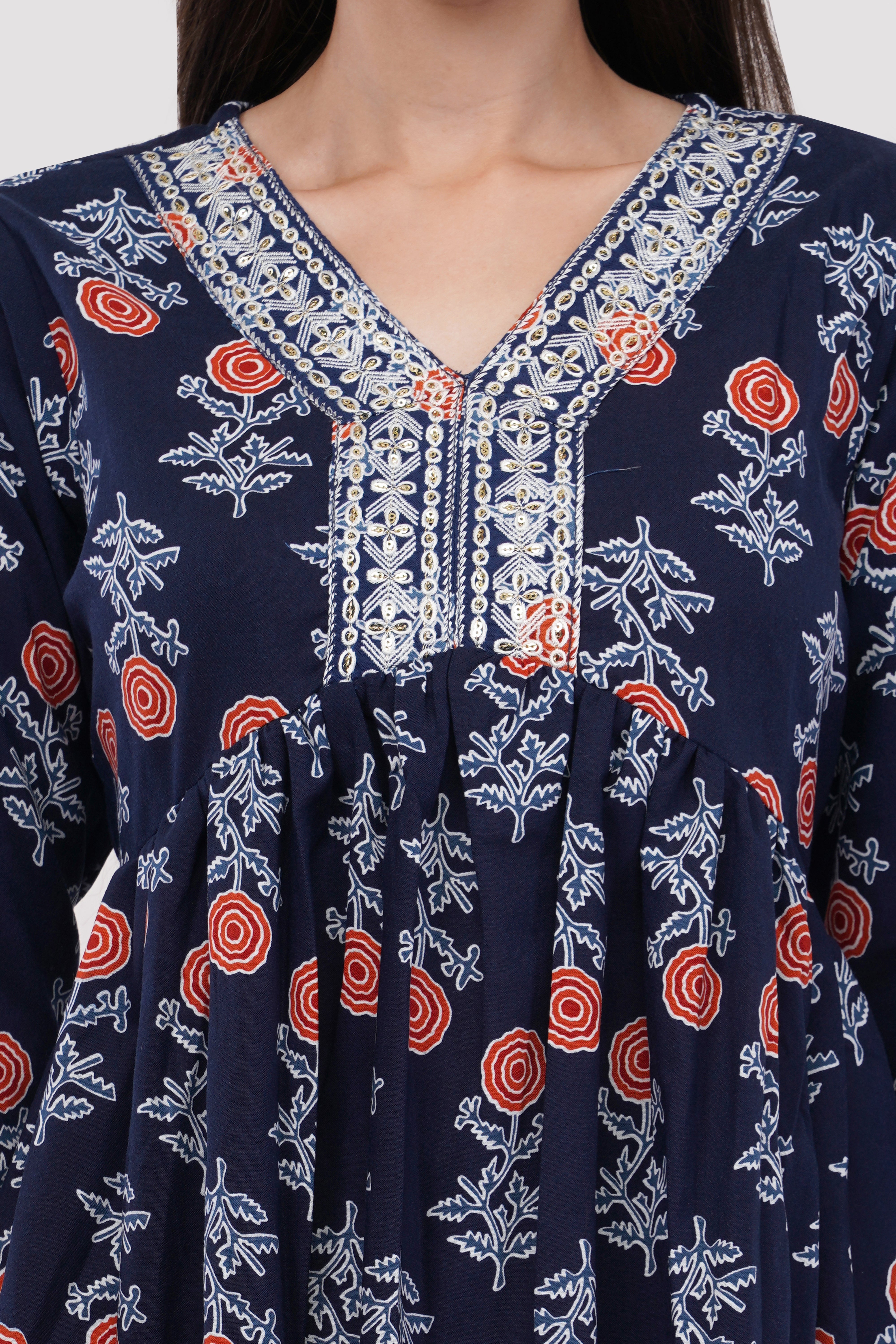 Rayon Printed Anarkali Set With Neck Detail - Set Of 3