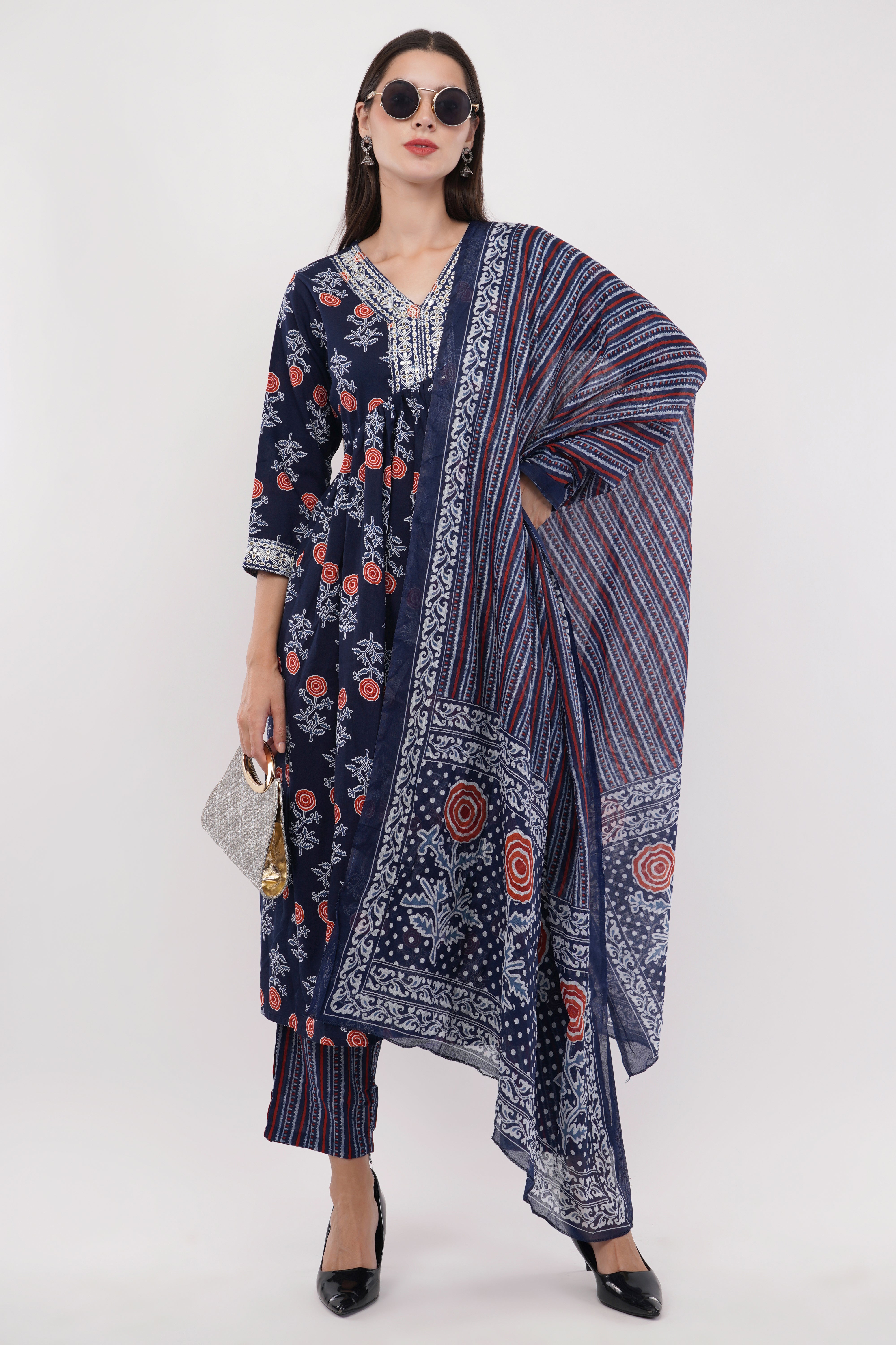 Rayon Printed Anarkali Set With Neck Detail - Set Of 3