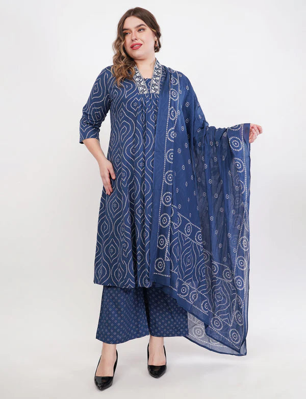 Blue Pure Cotton Printed Cotton Anarkali Set - Set Of 3