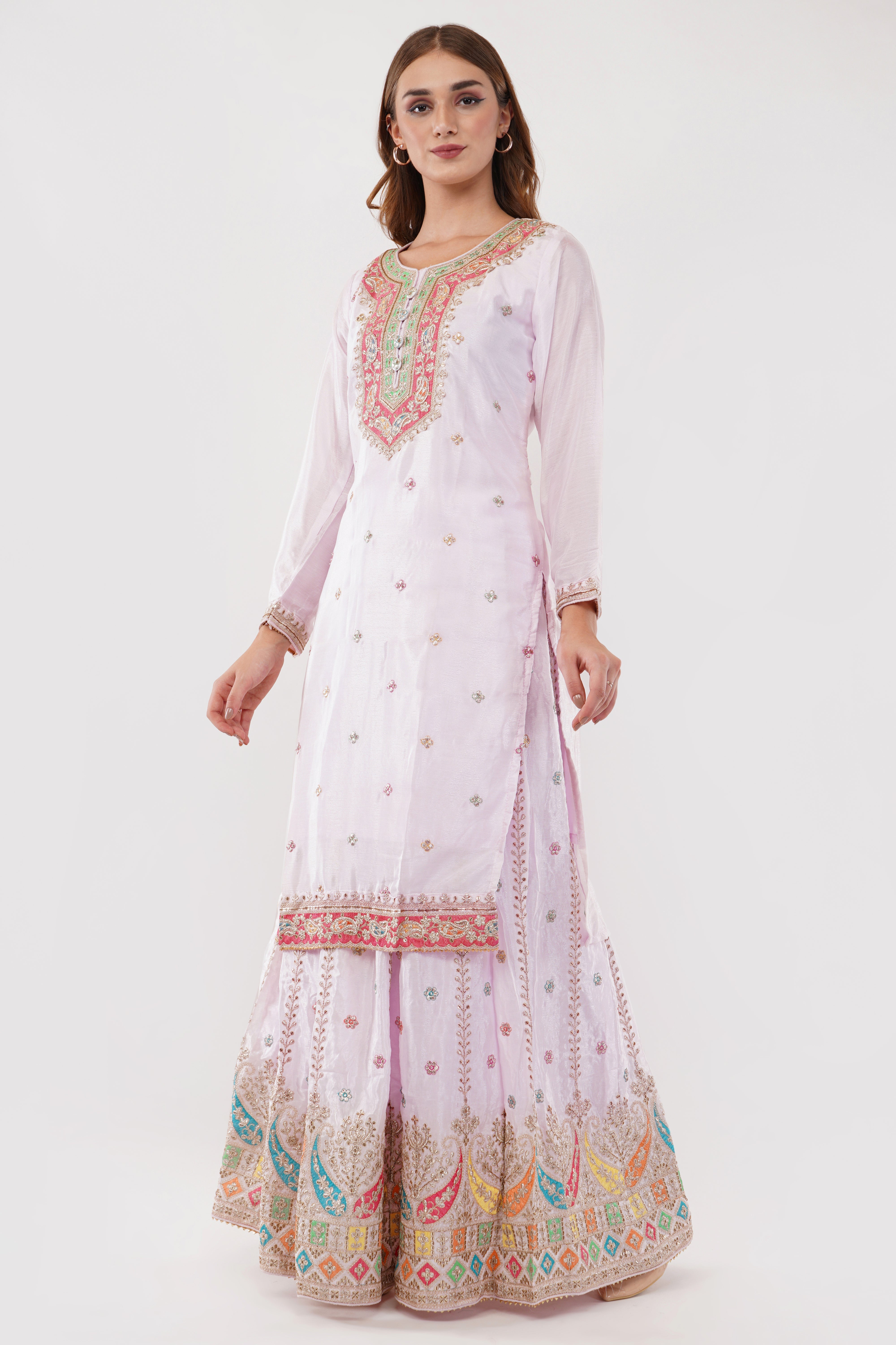 Lilac Embroidered Anarkali Gown Set - Set Of 3