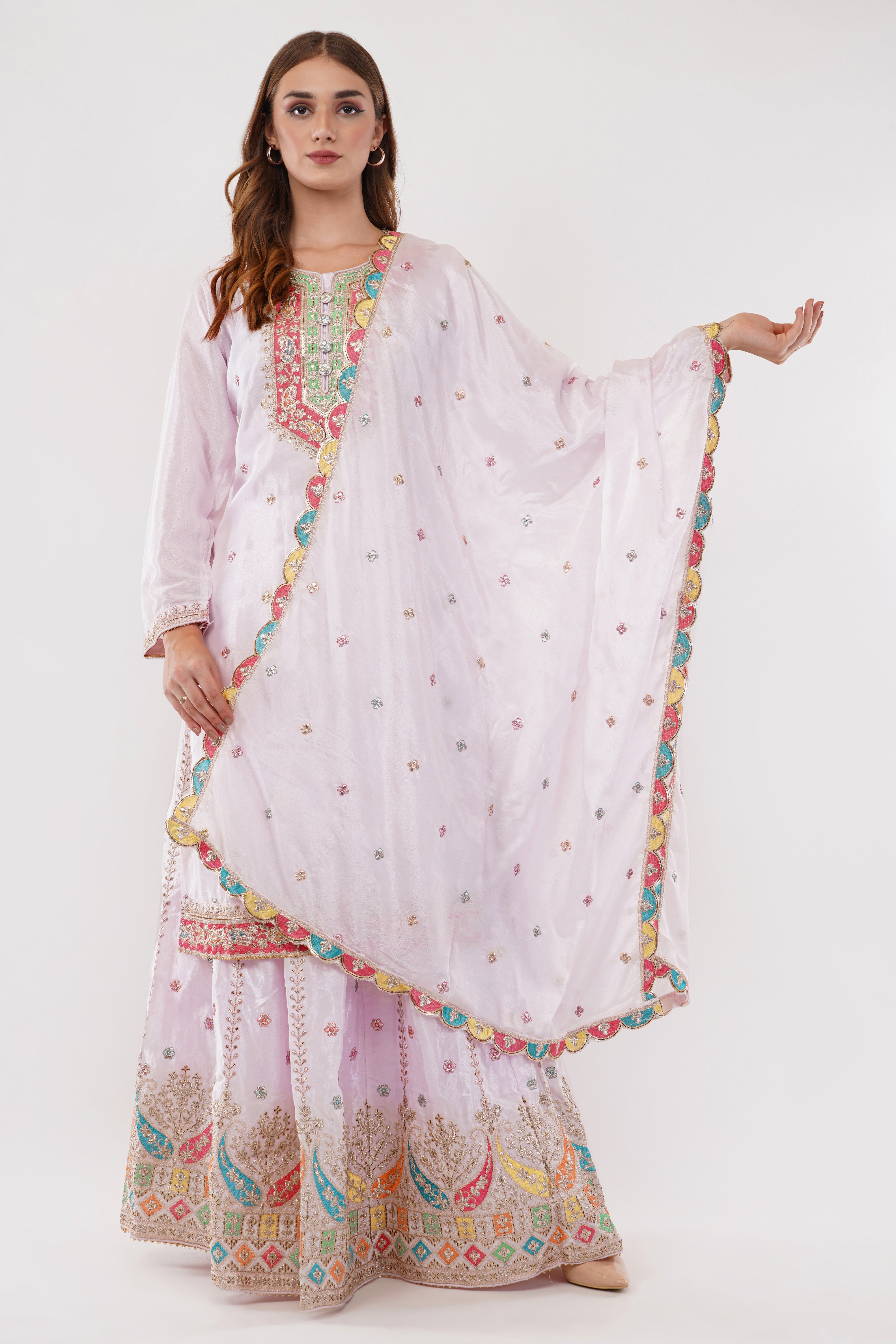 Lilac Embroidered Anarkali Gown Set - Set Of 3