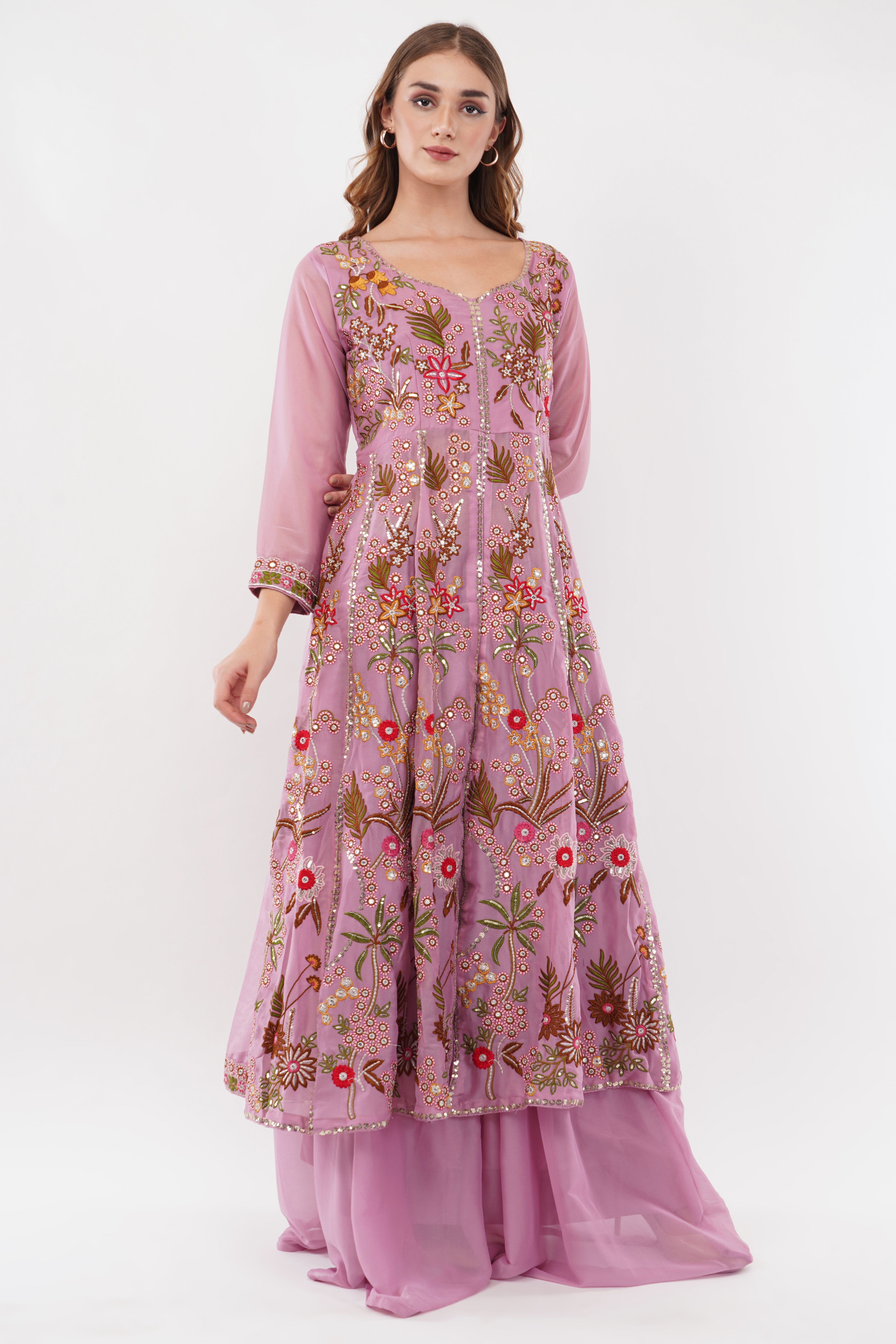 Lavender Embroidered Anarkali Gown Set - Set Of 2