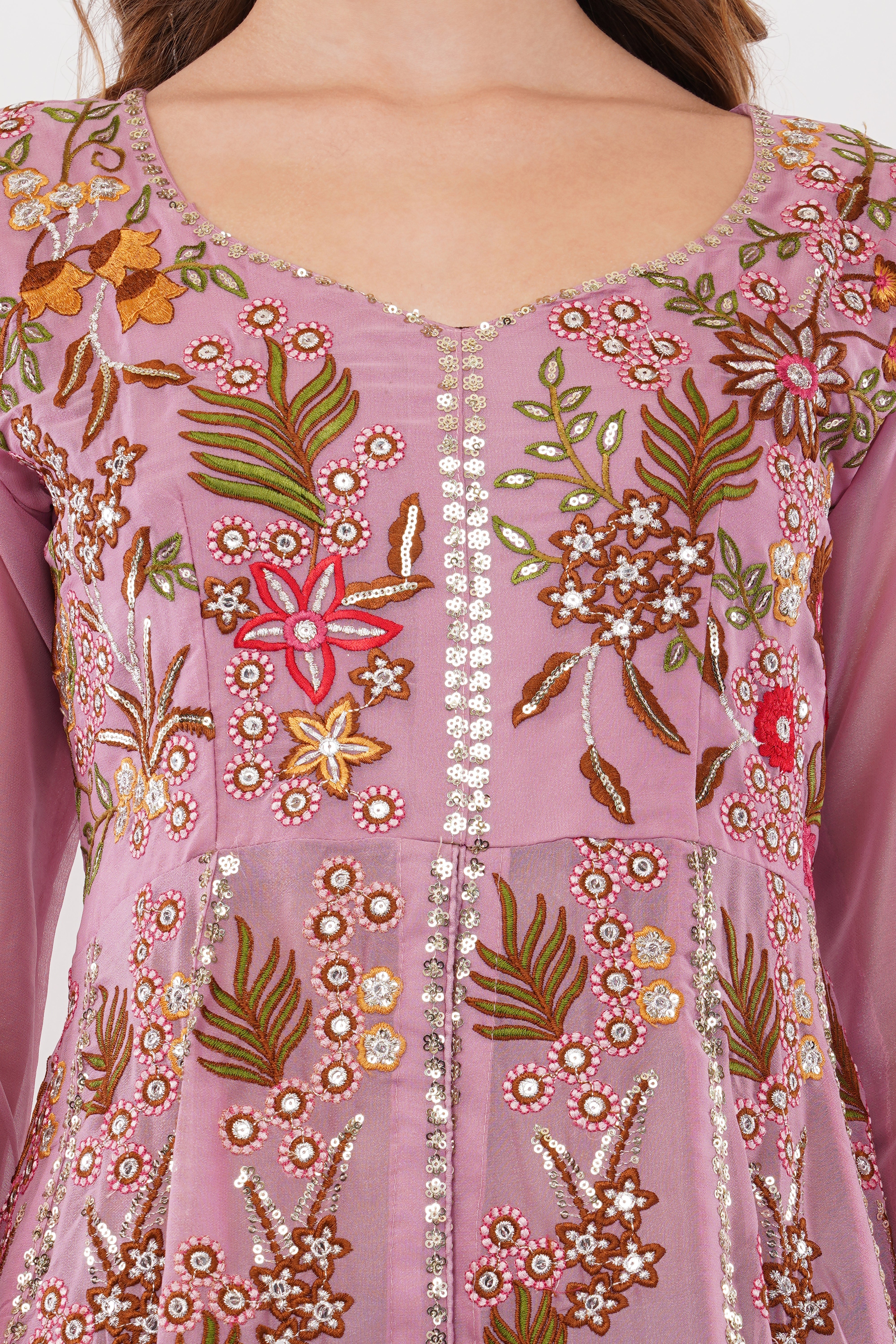 Lavender Embroidered Anarkali Gown Set - Set Of 2