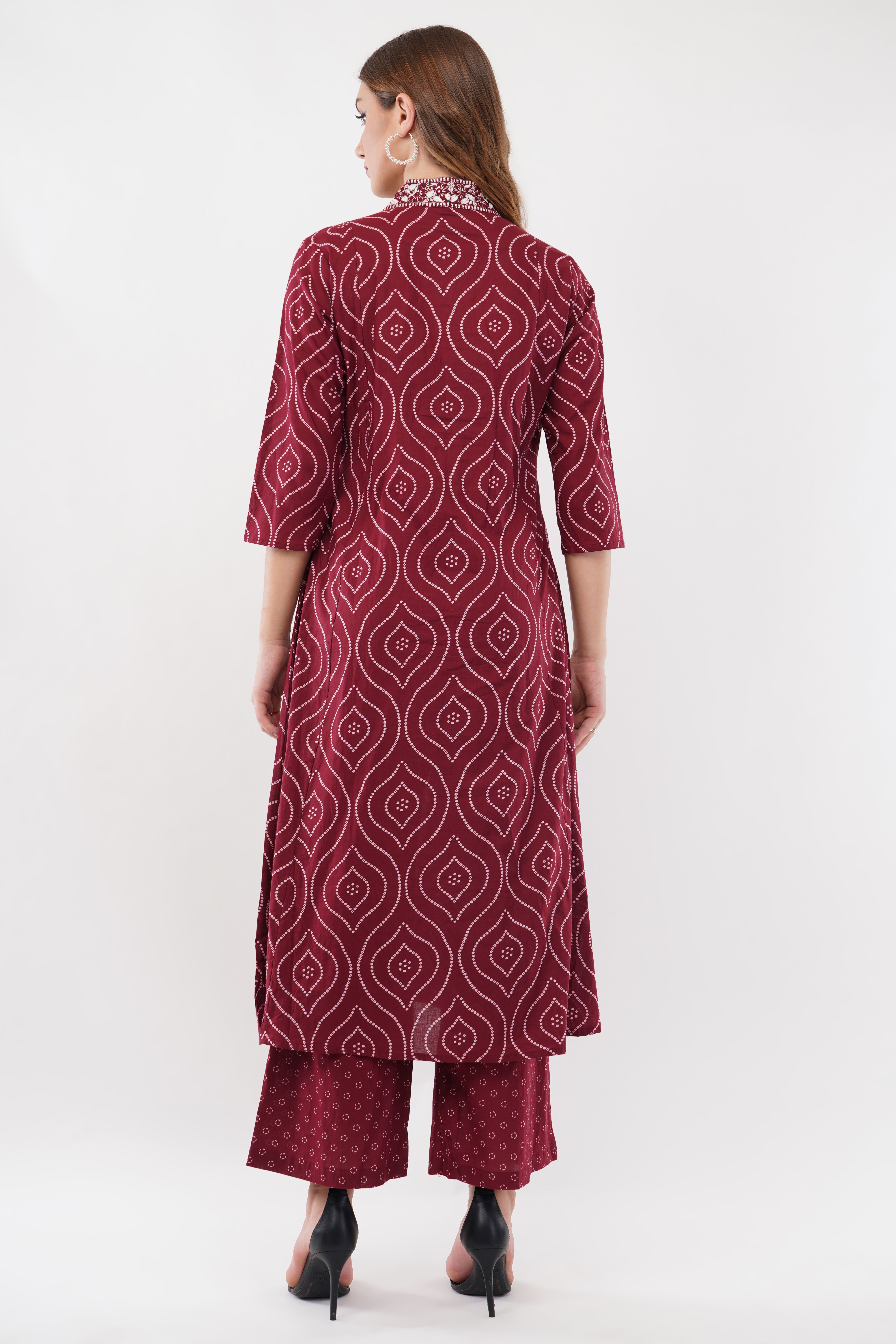 Maroon Pure Cotton Printed Cotton Anarkali Set - Set Of 3