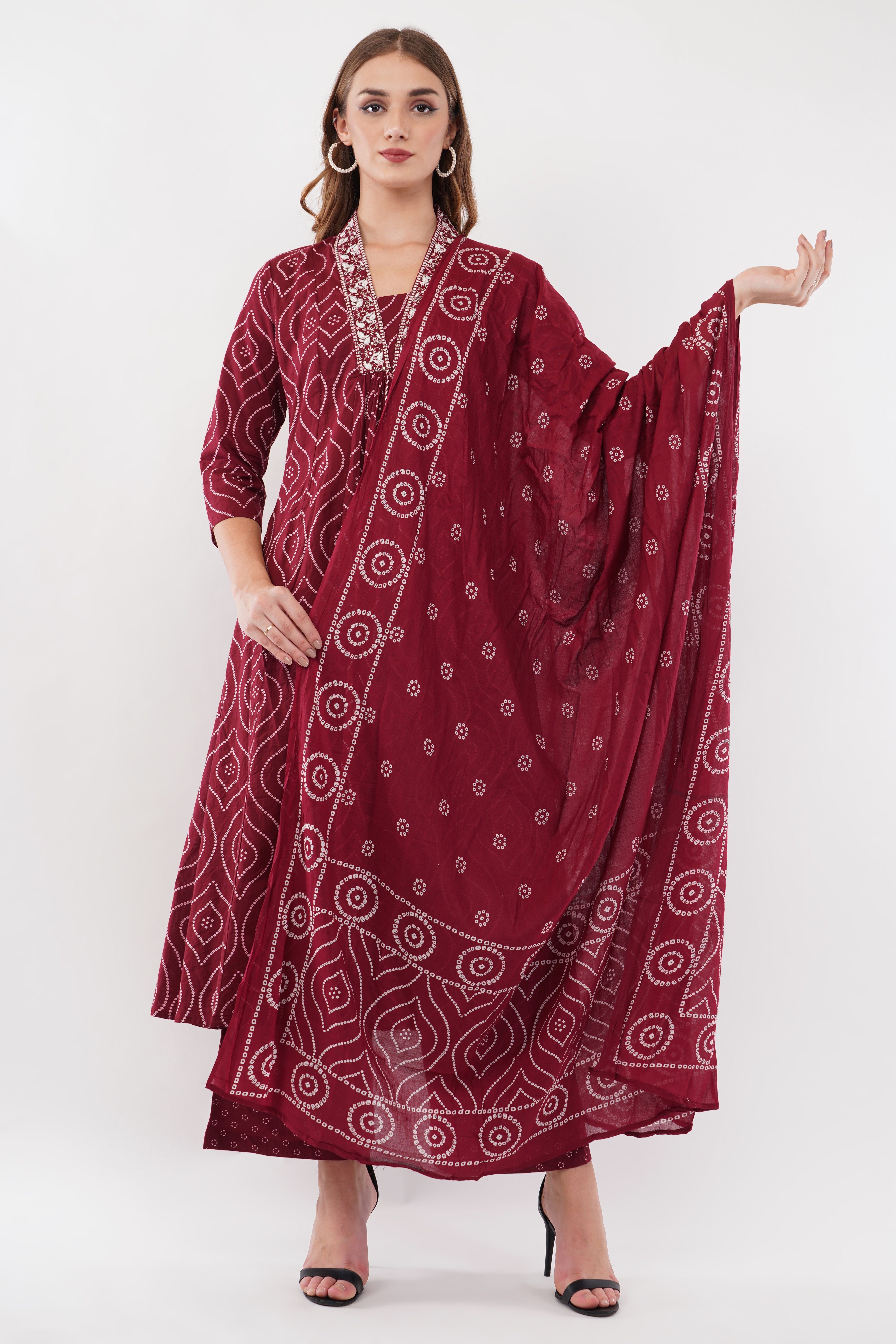 Maroon Pure Cotton Printed Cotton Anarkali Set - Set Of 3
