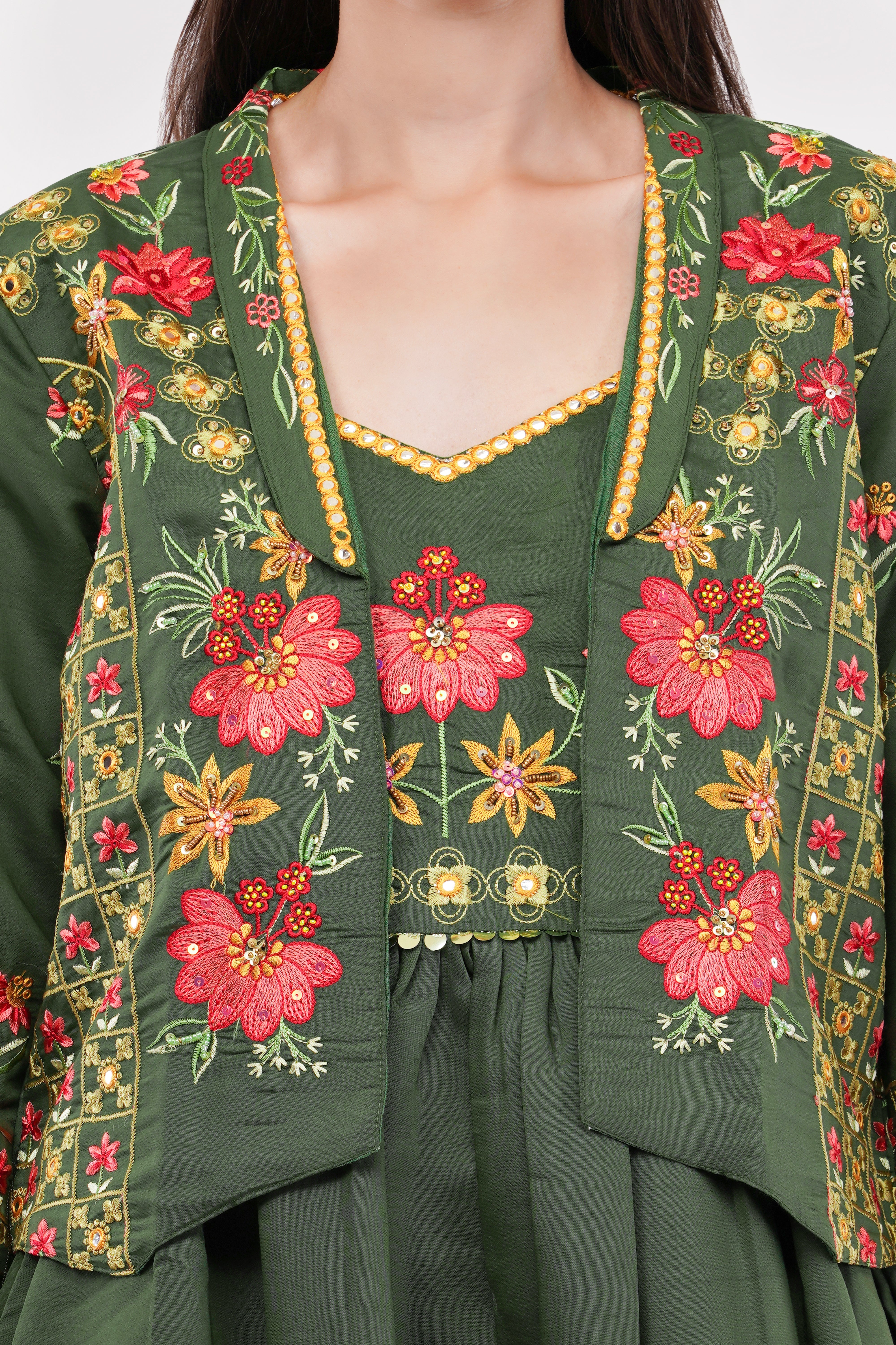 Olive Green Viscose Silk Anarkali Set With Jacket Anarkali - Set Of 3