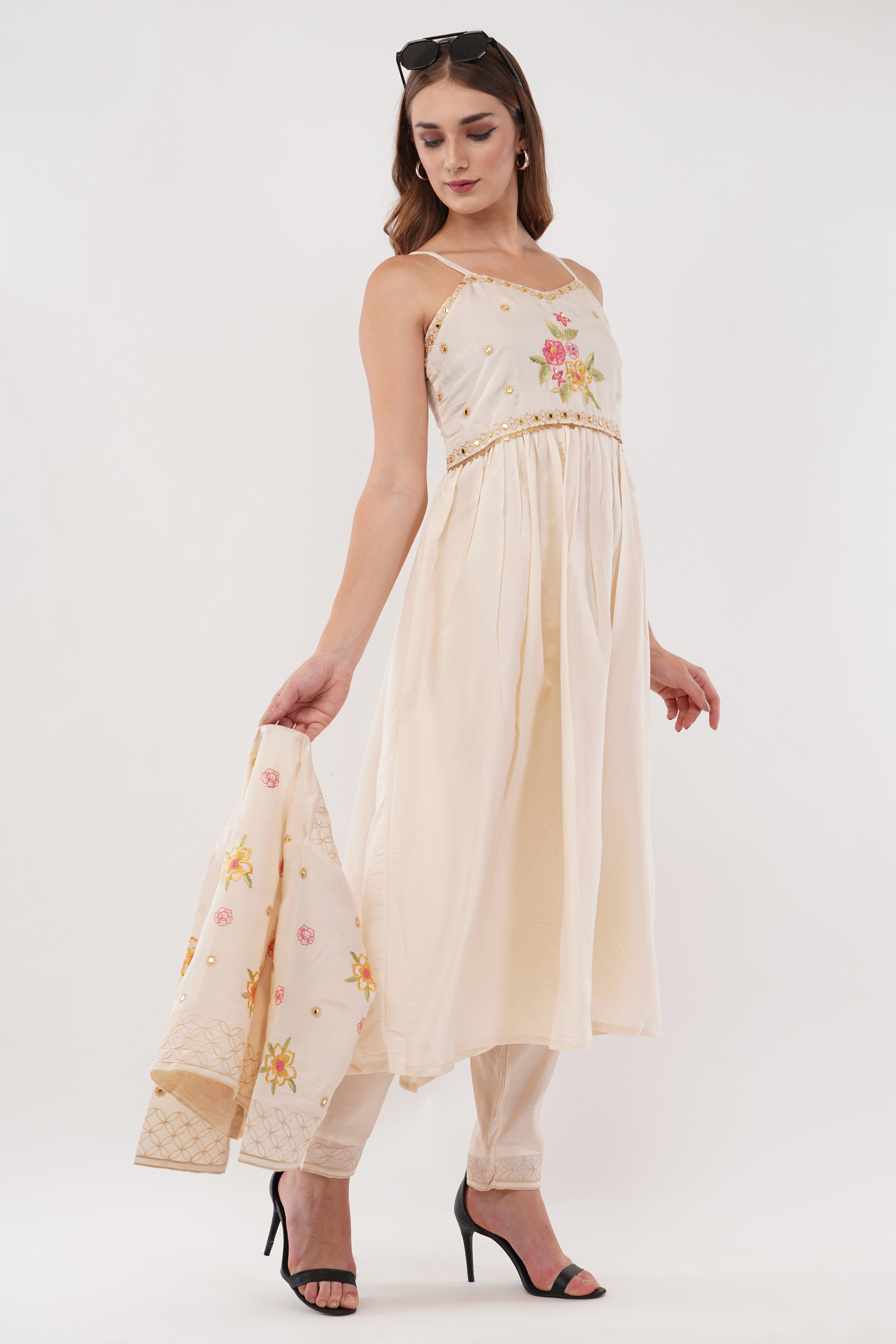 Off White Viscose Silk Anarkali Set With Jacket - Set Of 3