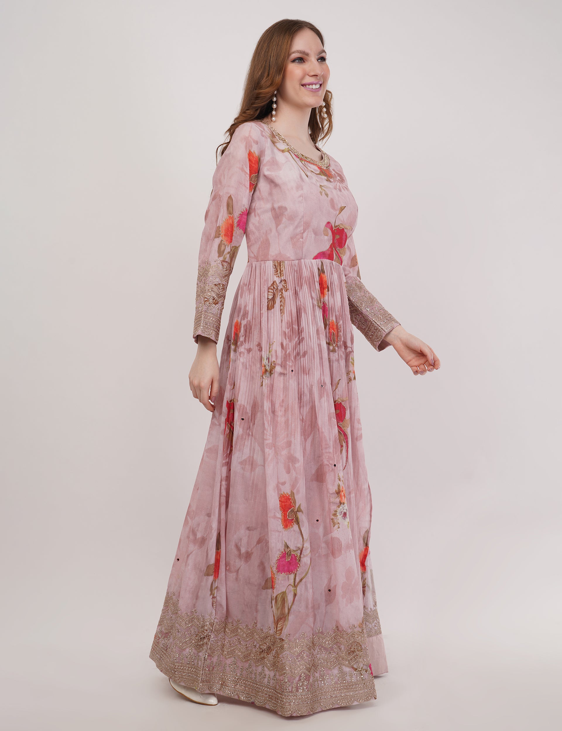 Peach Printed Anarkali Set With Slit & Dupatta - Set Of 3