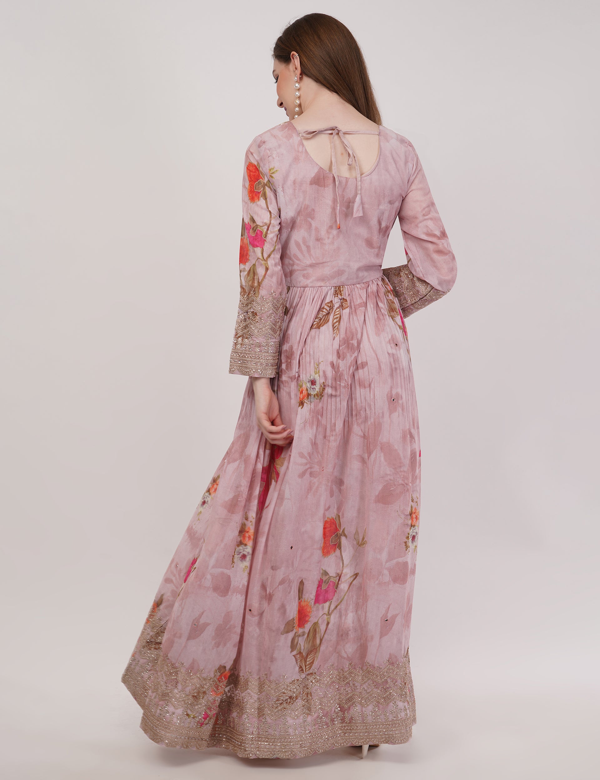 Peach Printed Anarkali Set With Slit & Dupatta - Set Of 3